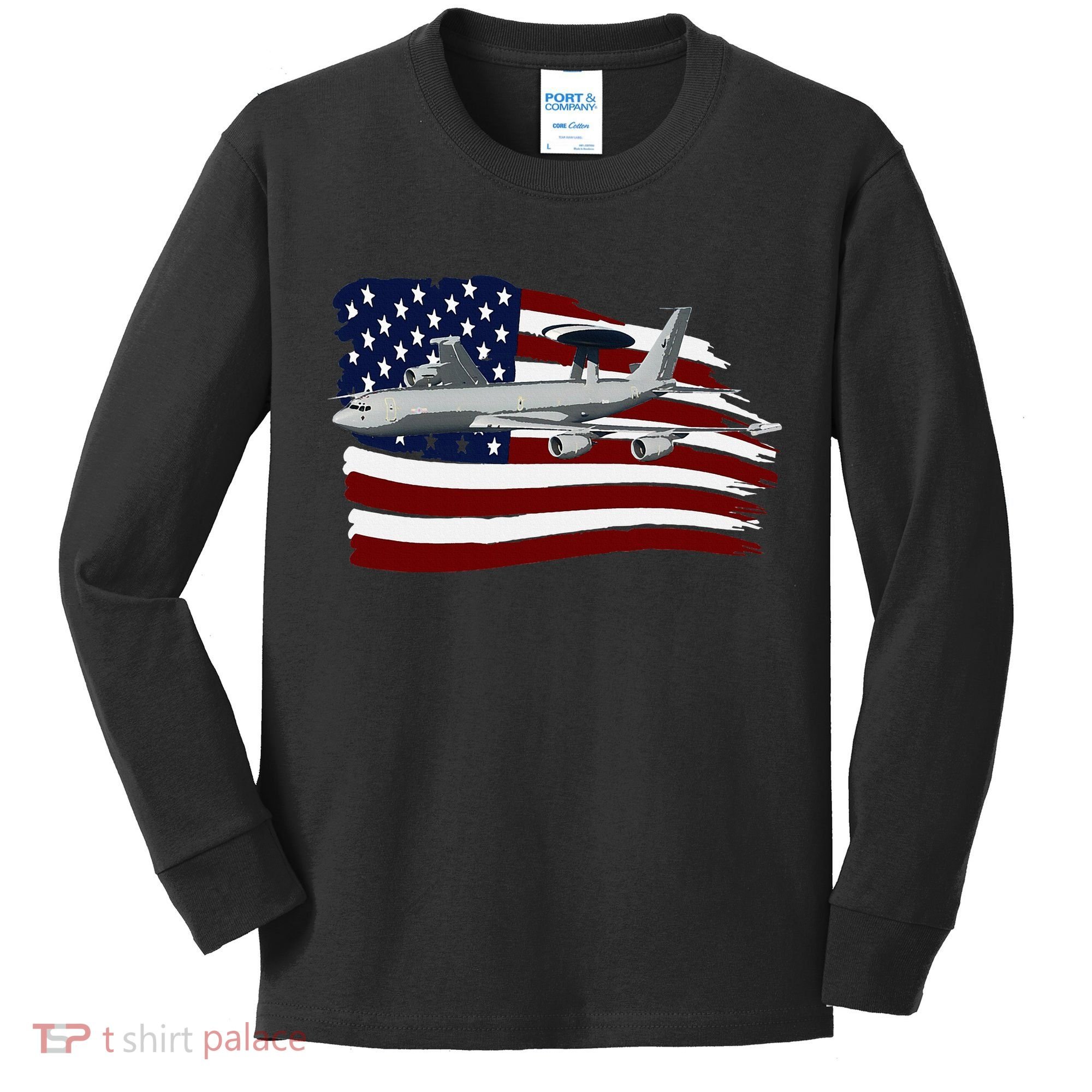 E3 Sentry Awacs Plane Us Flag Usa Kids Long Sleeve Shirt