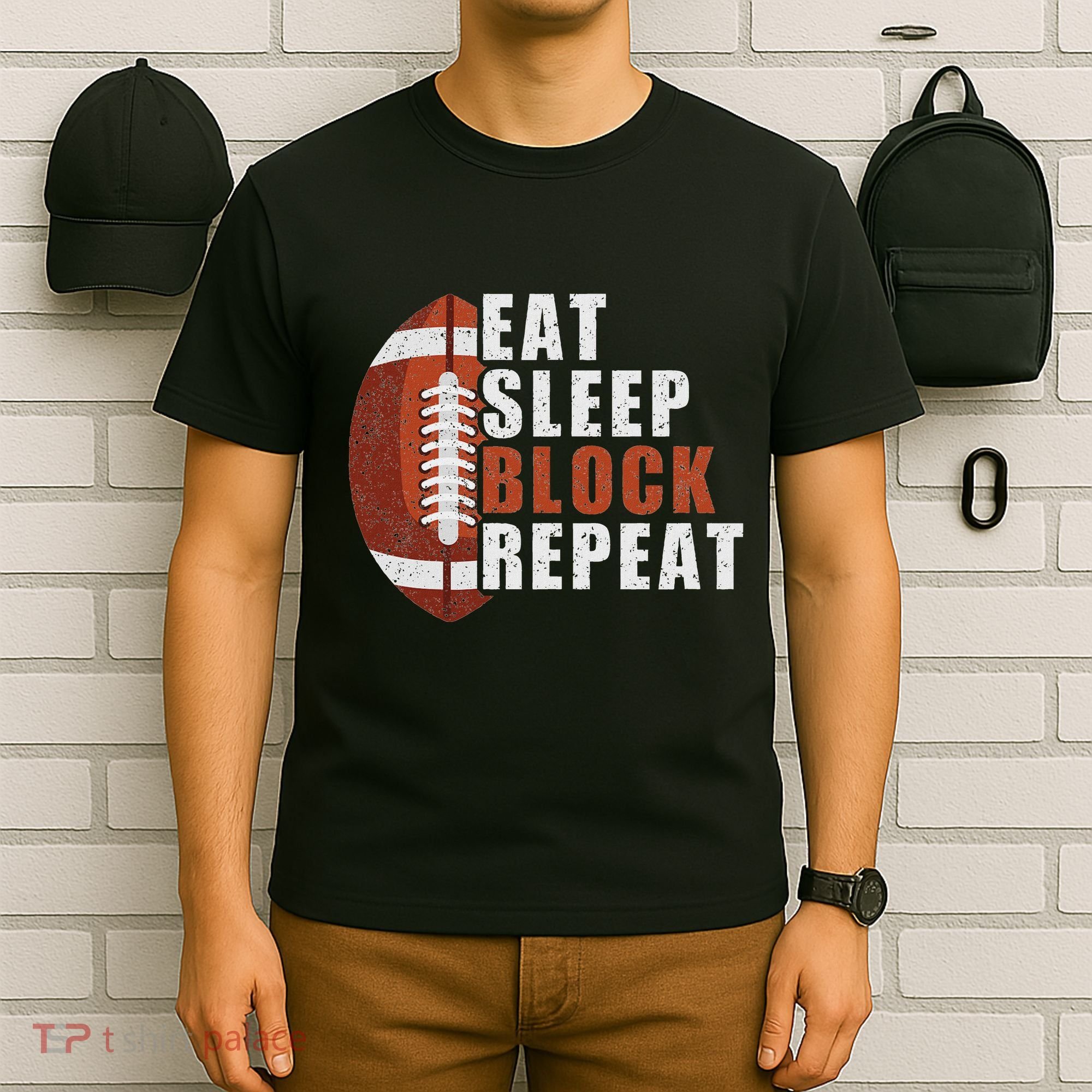 Eat Sleep Block Repeat Football Player Lineman T-Shirt
