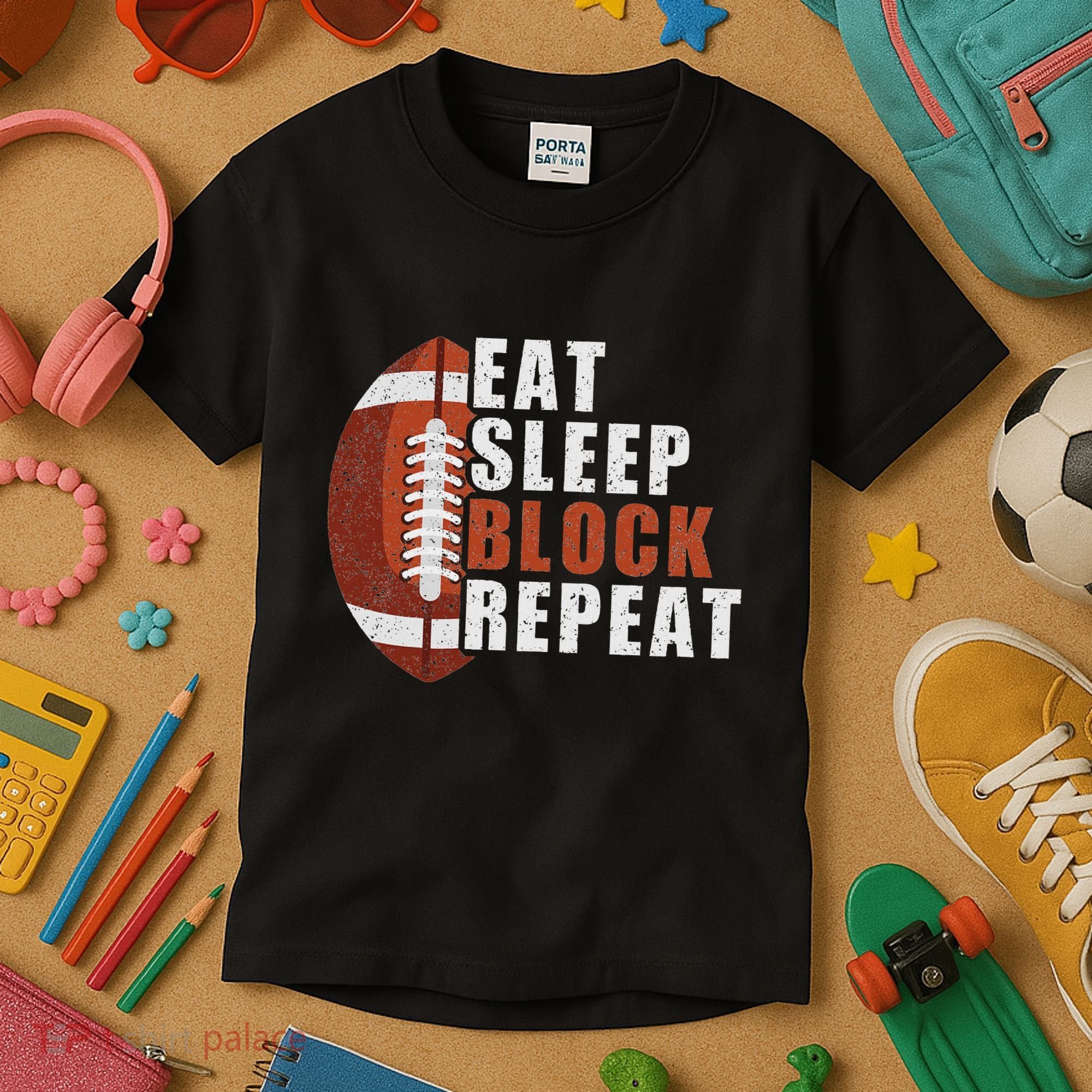 Eat Sleep Block Repeat Football Player Lineman Kids T-Shirt