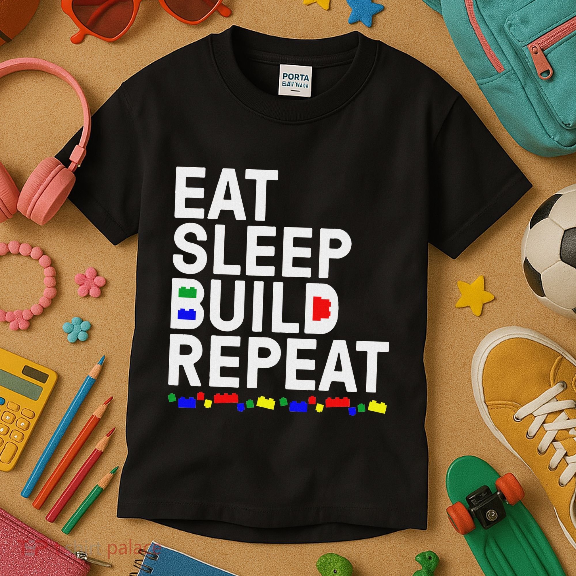 Eat Sleep Build Gift Cool Blocks Building Kids T-Shirt