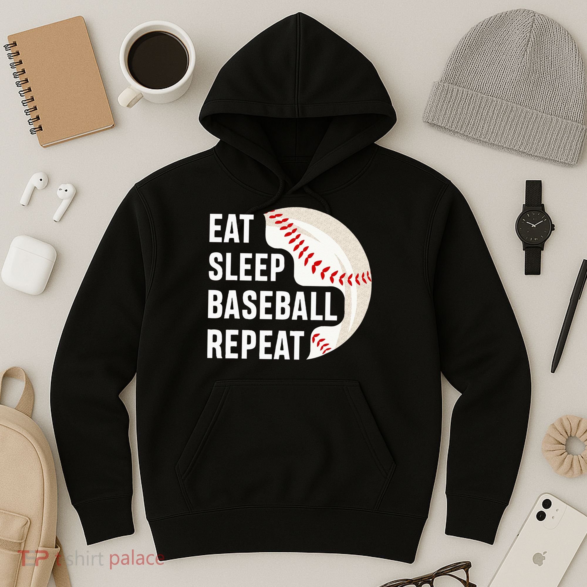 EAT SLEEP BASEBALL REPEAT Baseball Player Hoodie
