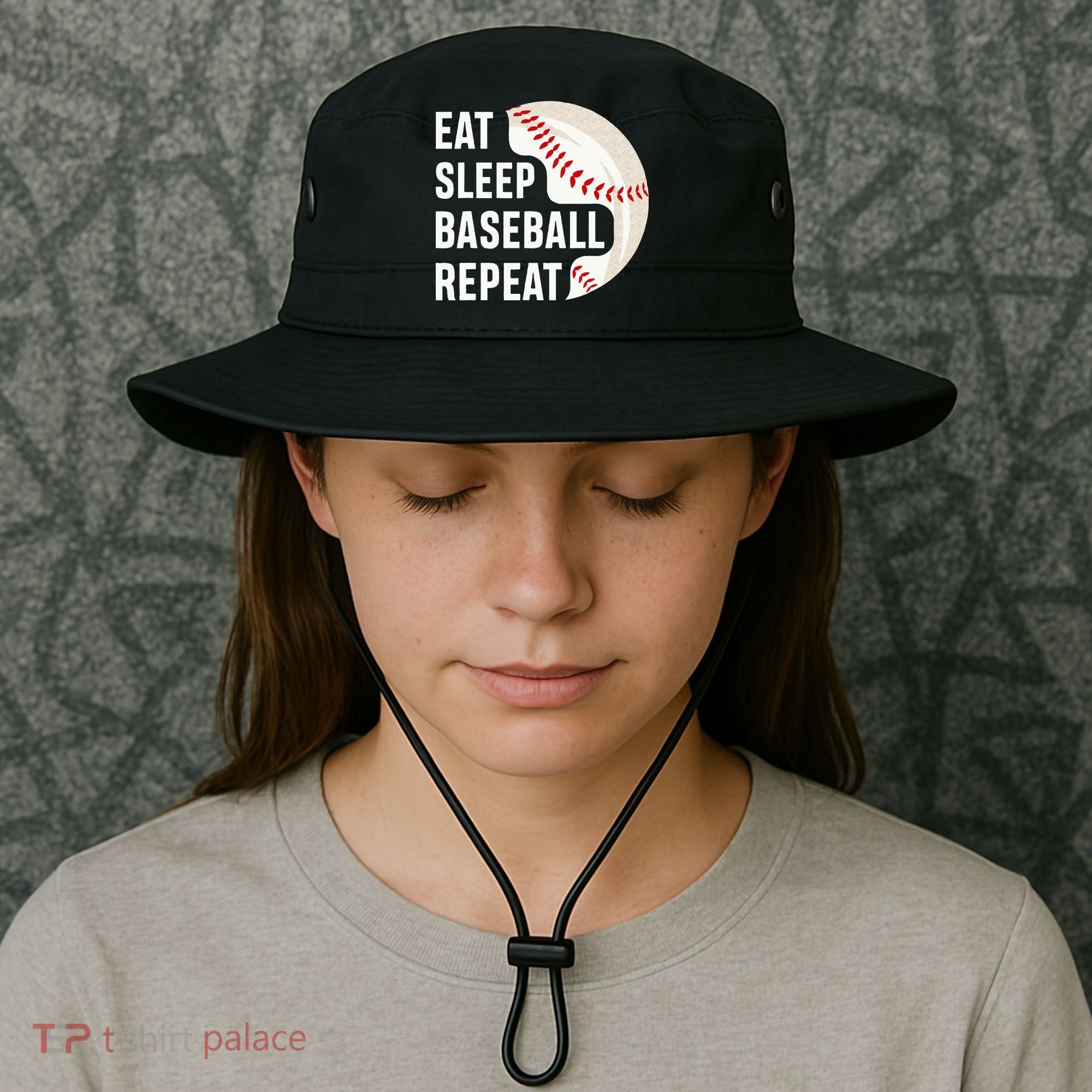 EAT SLEEP BASEBALL REPEAT Baseball Player Bucket Hat