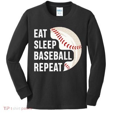 EAT SLEEP BASEBALL REPEAT Baseball Player Kids Long Sleeve Shirt