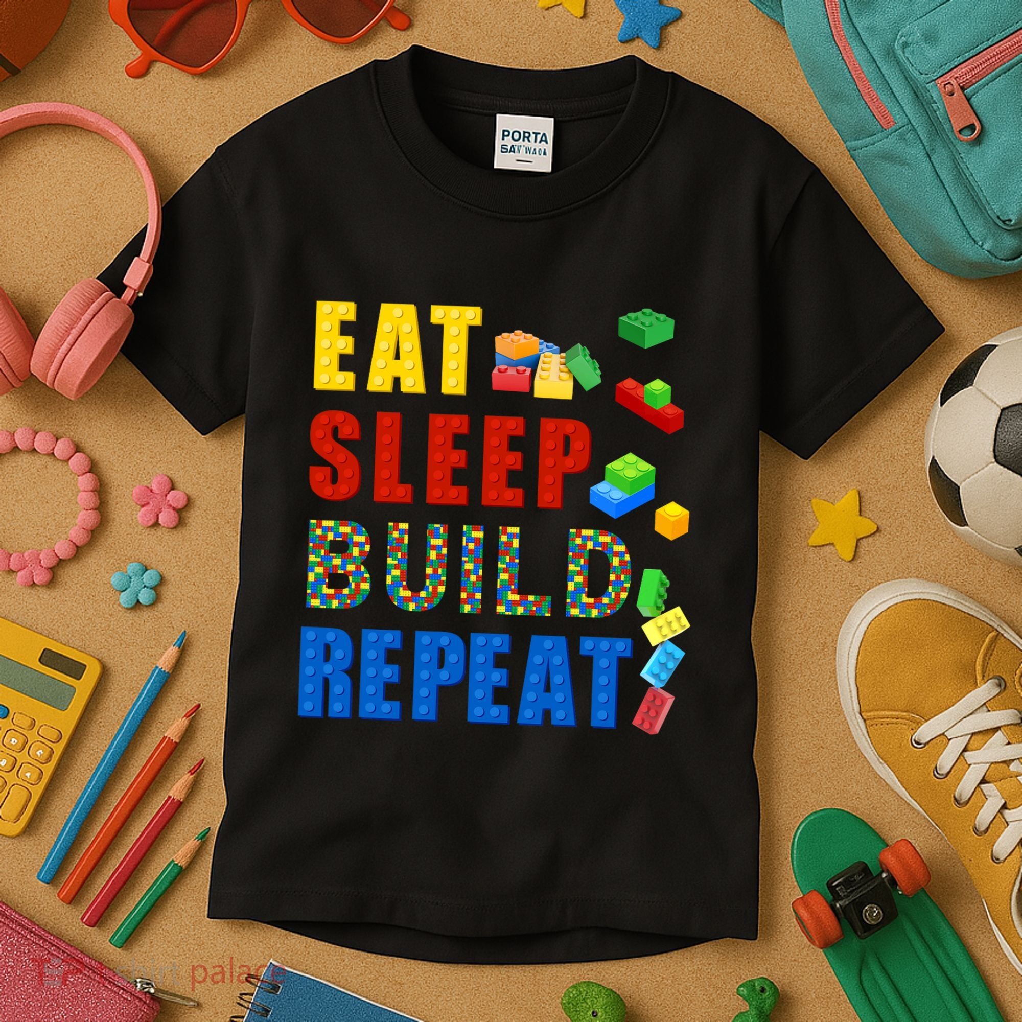 Eat Sleep Build Repeat Building Bricks Blocks Master Builder Kids T-Shirt