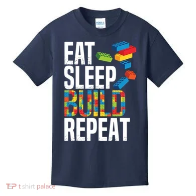 Eat Sleep Build Repeat Building Blocks Bricks Master Builder Kids T-Shirt