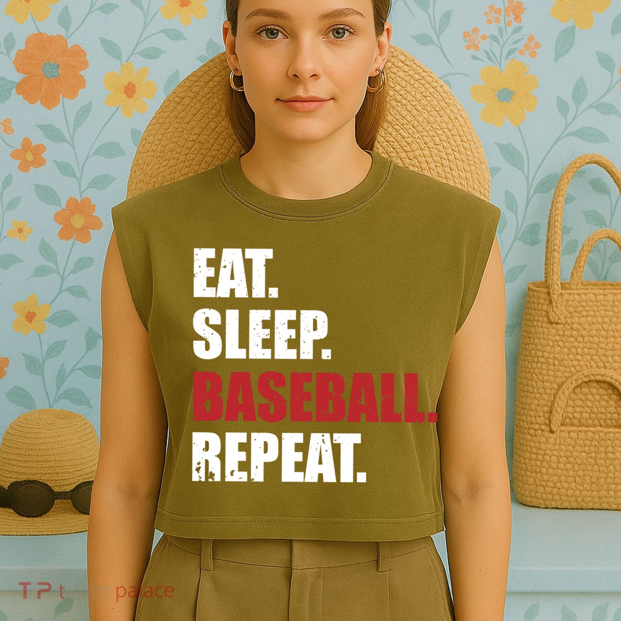 Eat Sleep Baseball Repeat Gift Garment-Dyed Women's Muscle Tee
