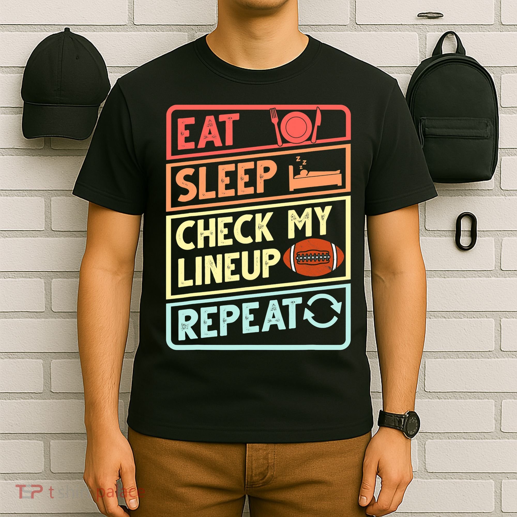 Eat Sleep Check My Lineup Repeat Retro Fantasy Football T-Shirt