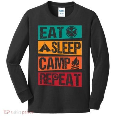 Eat Sleep Camp Repeat Funny Camping Vintage Retro Kids Long Sleeve Shirt