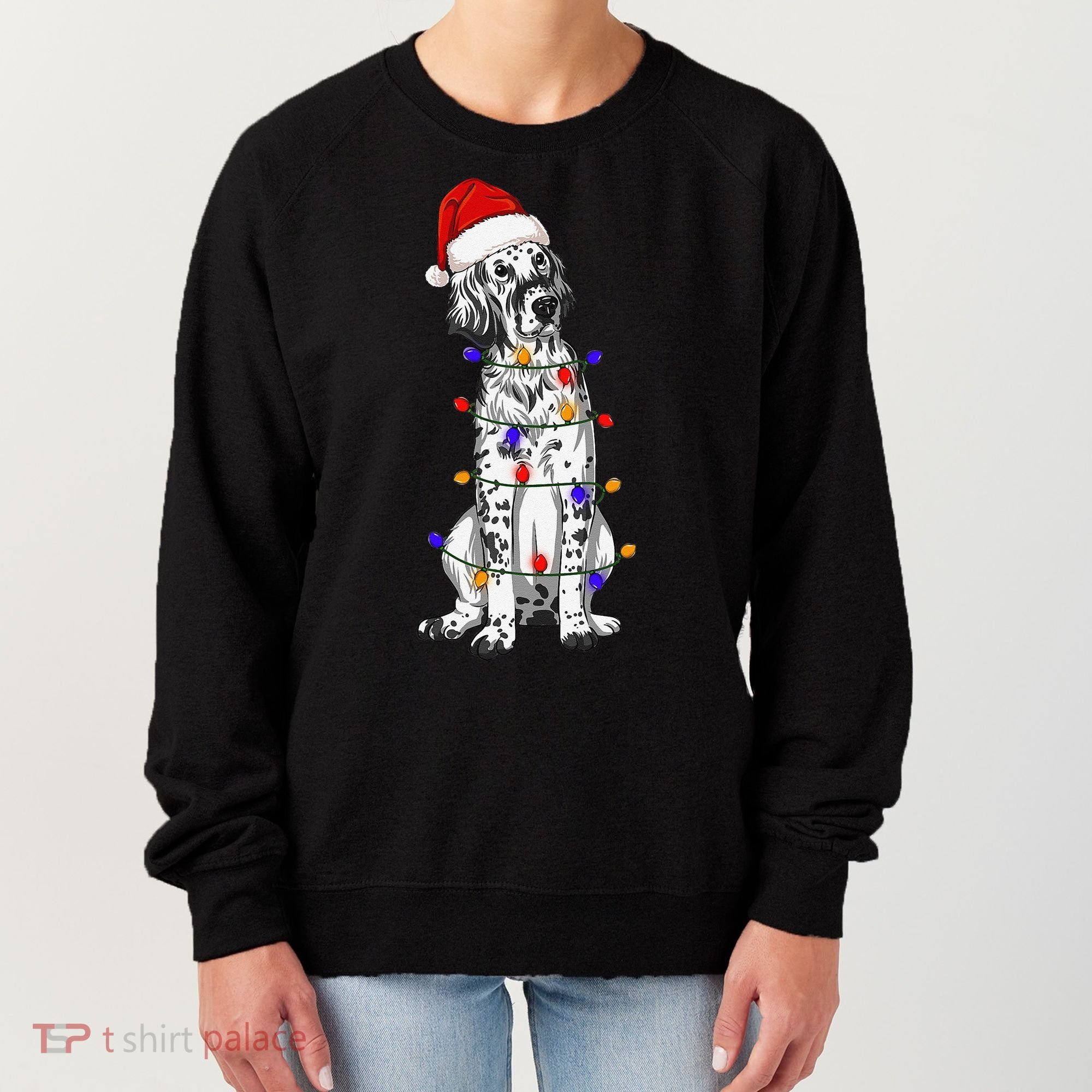 English Setter Dog Christmas Wearing Hat Santa Lights Women's Sweatshirt