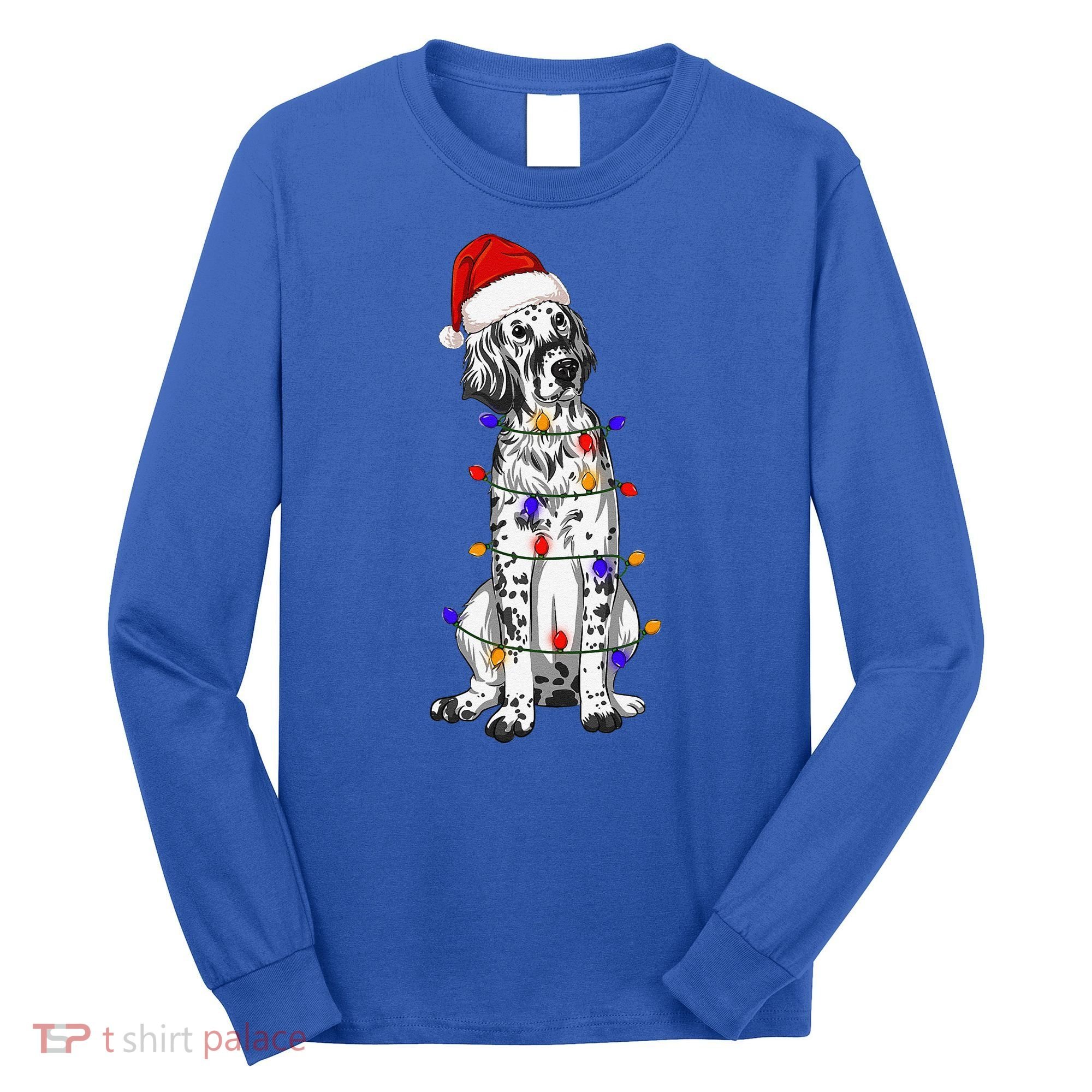 English Setter Dog Christmas Wearing Hat Santa Lights Long Sleeve Shirt