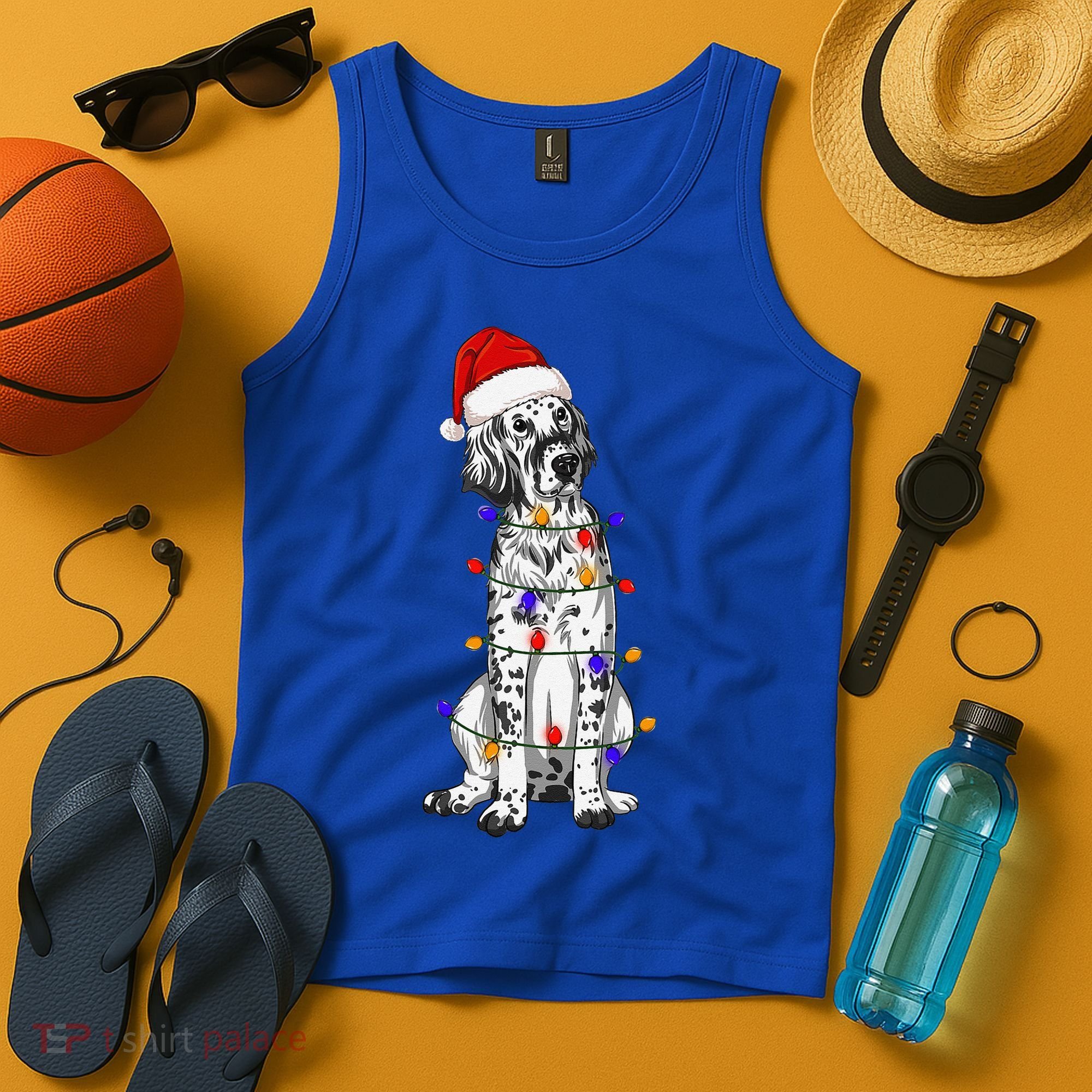 English Setter Dog Christmas Wearing Hat Santa Lights Tank Top