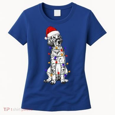 English Setter Dog Christmas Wearing Hat Santa Lights Women's T-Shirt