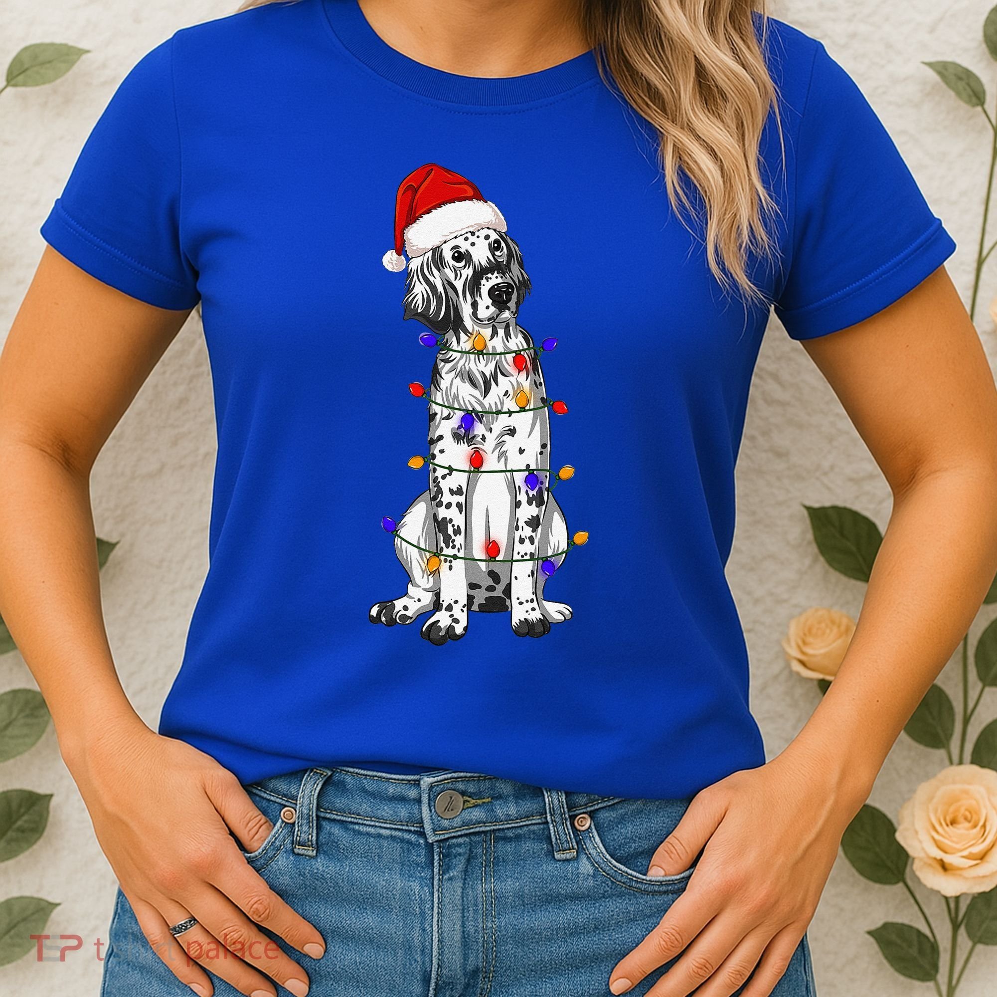 English Setter Dog Christmas Wearing Hat Santa Lights Women's T-Shirt