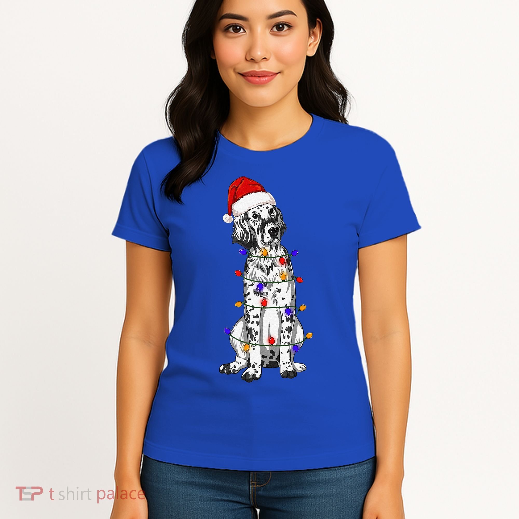 English Setter Dog Christmas Wearing Hat Santa Lights Women's T-Shirt