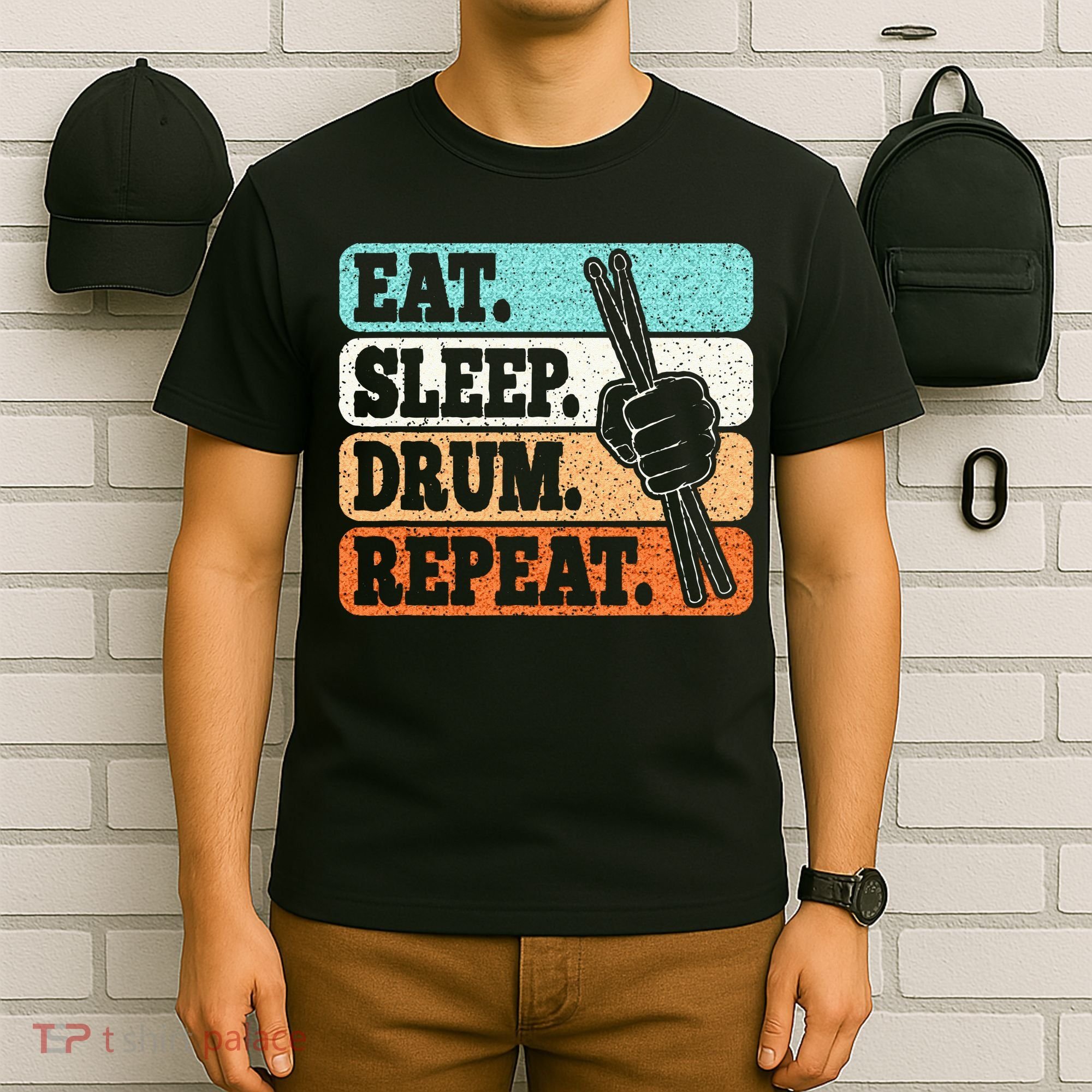 Eat Sleep Drum Repeat Funny Drummer Drumming Lover Retro T-Shirt