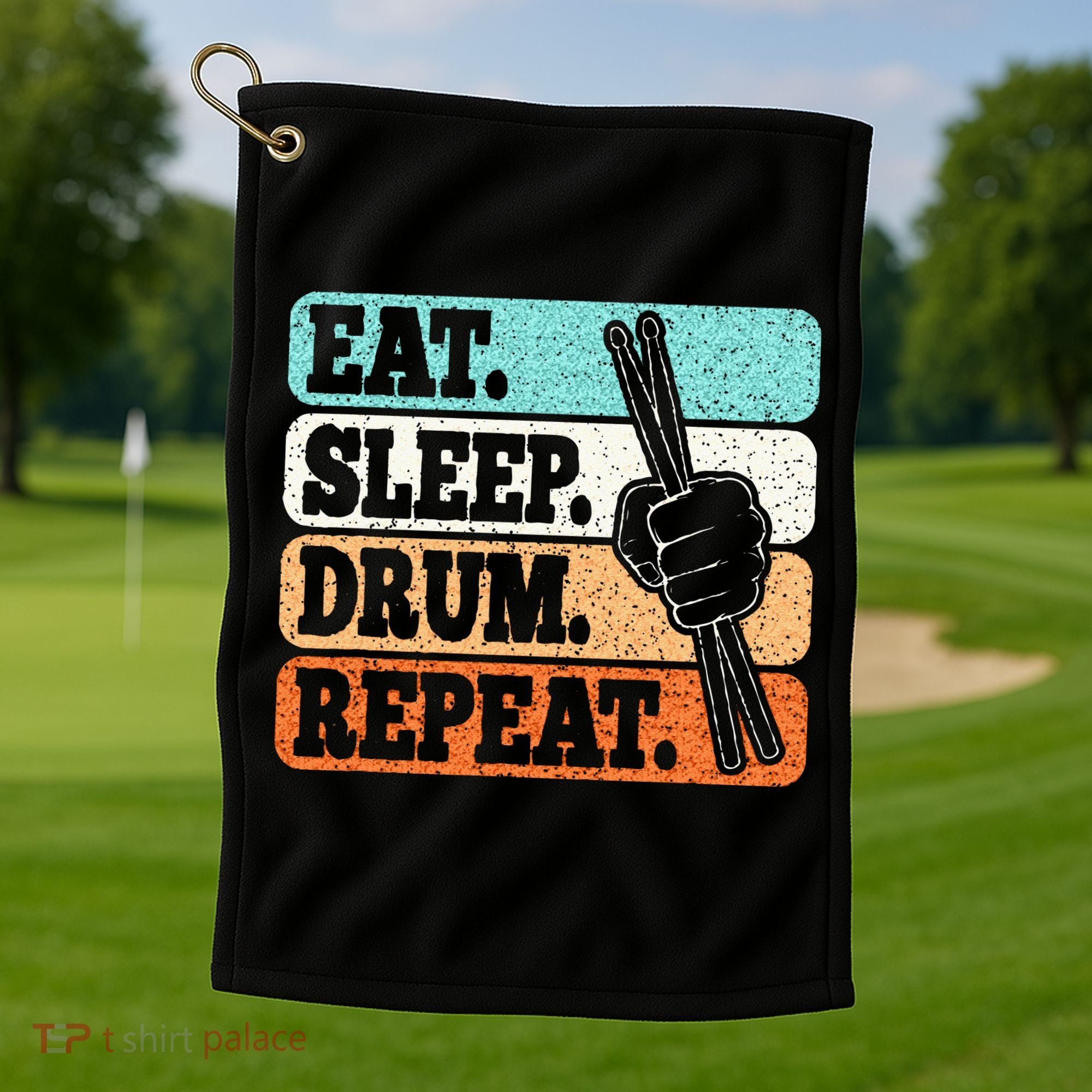 Eat Sleep Drum Repeat Funny Drummer Drumming Lover Retro Golf Towel
