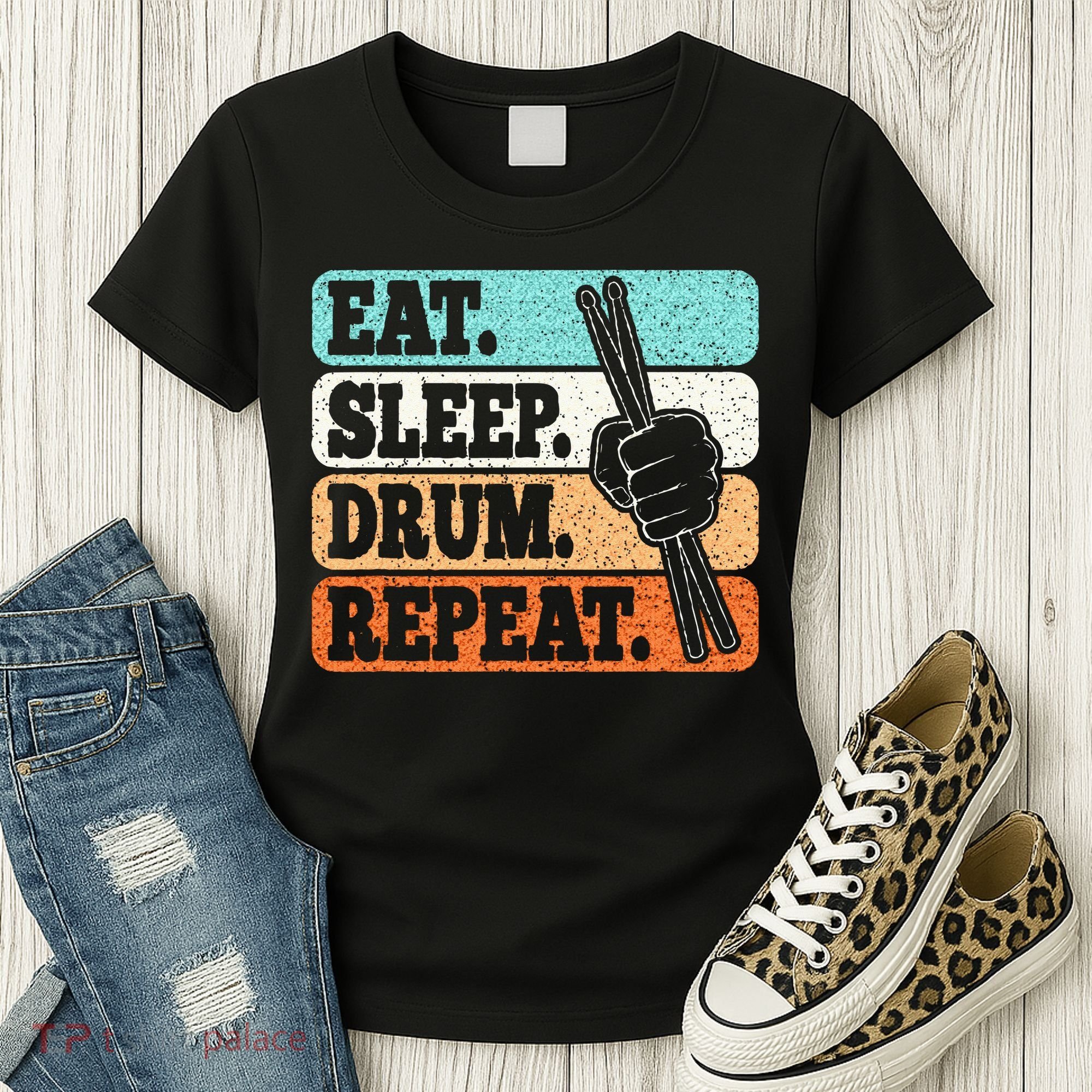Eat Sleep Drum Repeat Funny Drummer Drumming Lover Retro Women's T-Shirt