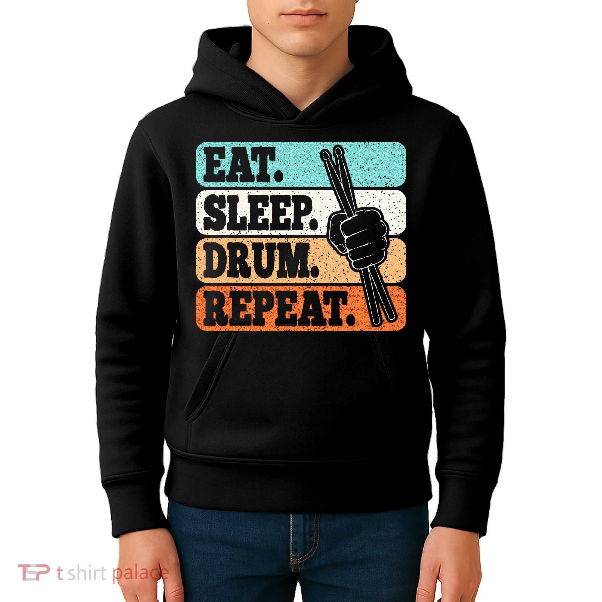 Eat Sleep Drum Repeat Funny Drummer Drumming Lover Retro Kids Hoodie
