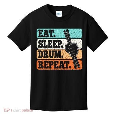 Eat Sleep Drum Repeat Funny Drummer Drumming Lover Retro Kids T-Shirt