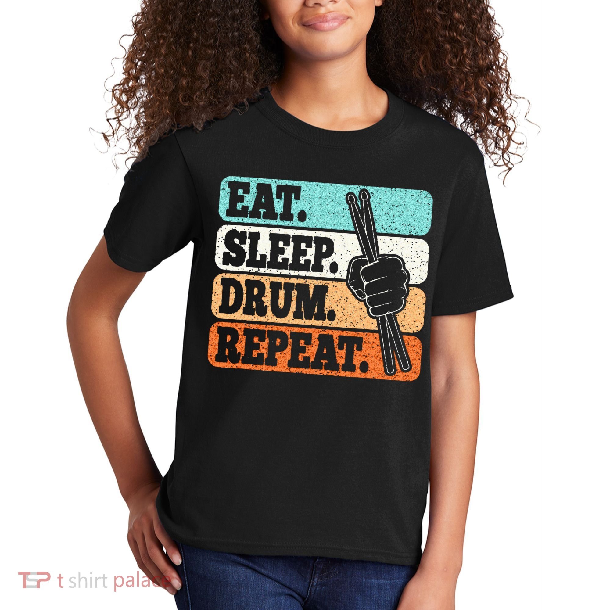 Eat Sleep Drum Repeat Funny Drummer Drumming Lover Retro Kids T-Shirt