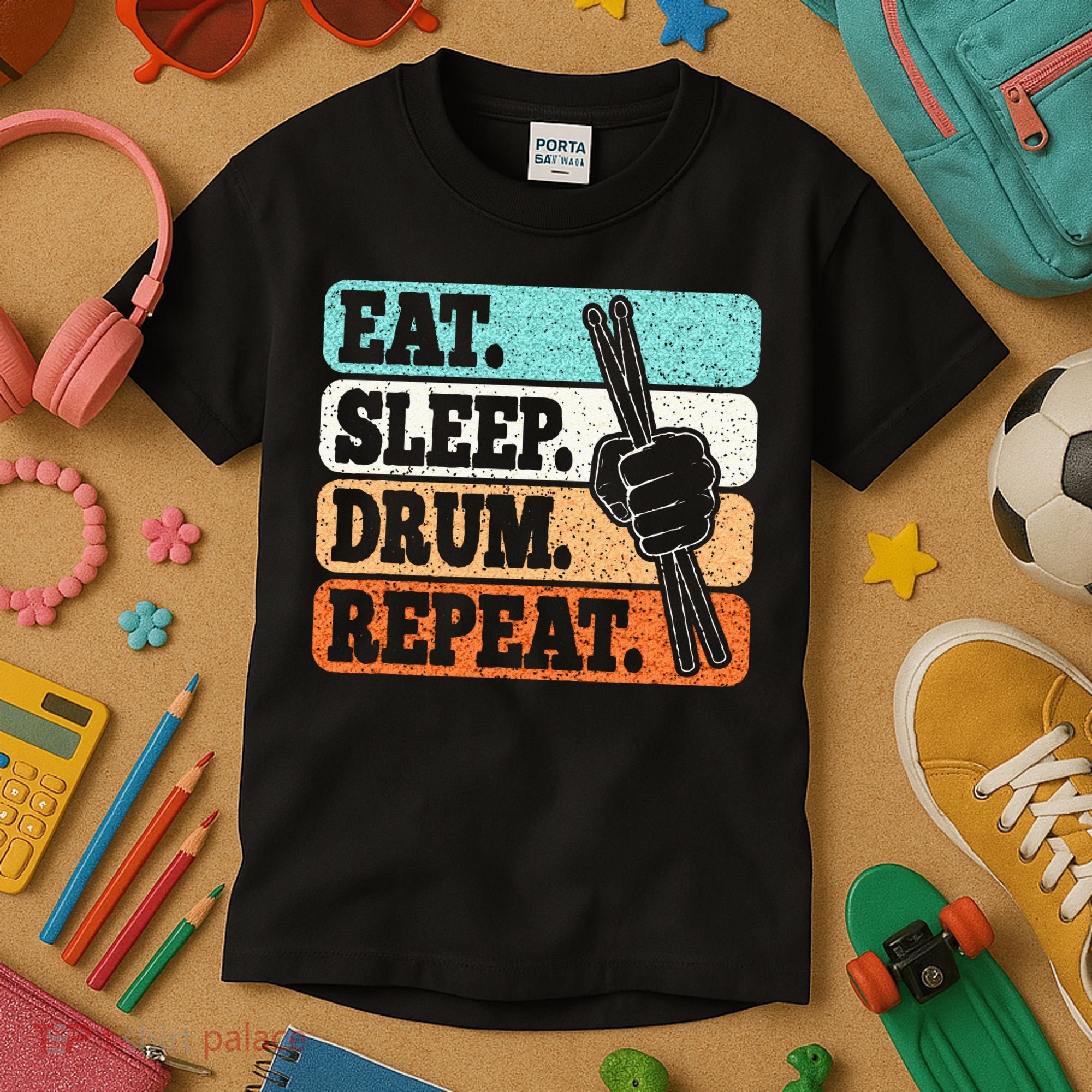 Eat Sleep Drum Repeat Funny Drummer Drumming Lover Retro Kids T-Shirt