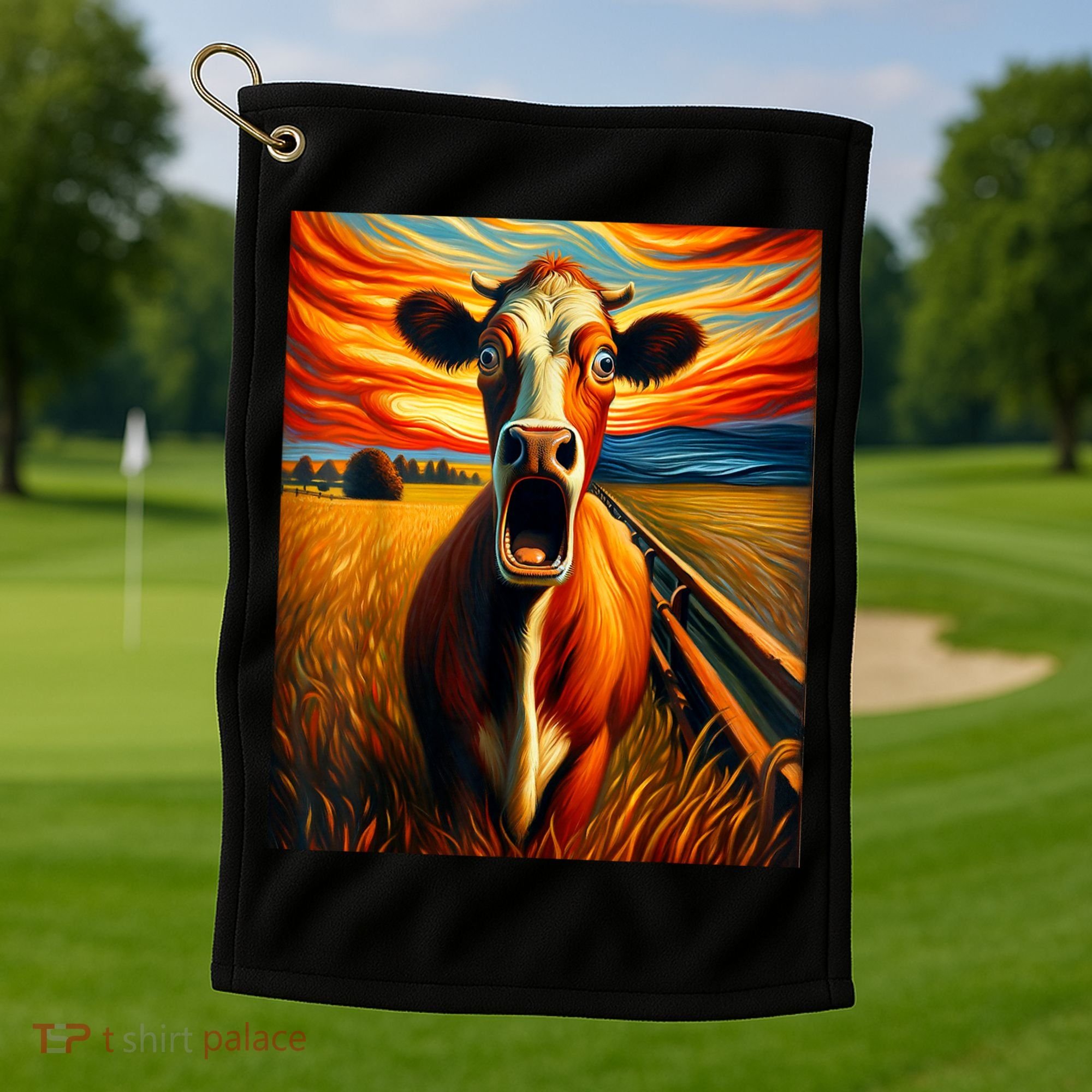 Expressionist Scream For Cow Lovers | Artistic Cow Golf Towel
