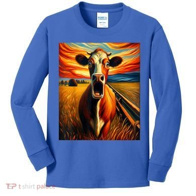 Expressionist Scream For Cow Lovers | Artistic Cow Kids Long Sleeve Shirt