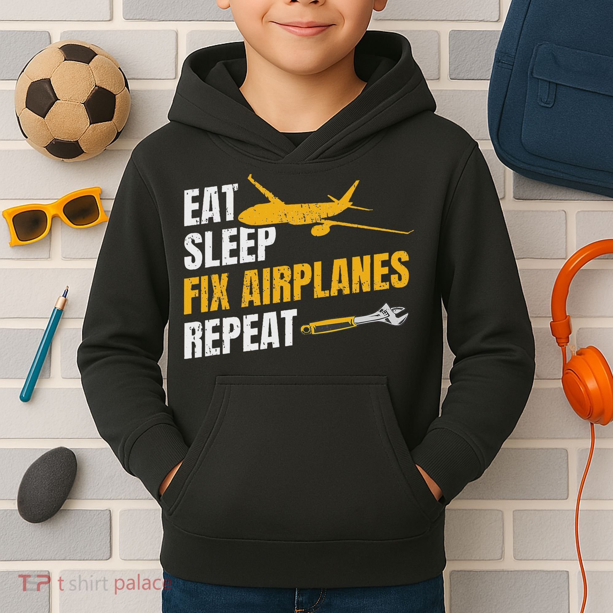 Eat Sleep Fix Airplanes Repeat Aircraft Mechanic Kids Hoodie