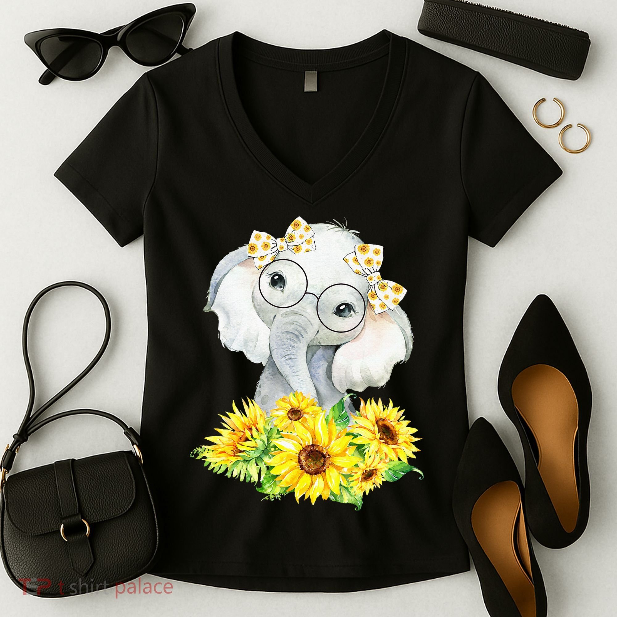 Elephant Sunflower Gifts Women's V-Neck T-Shirt