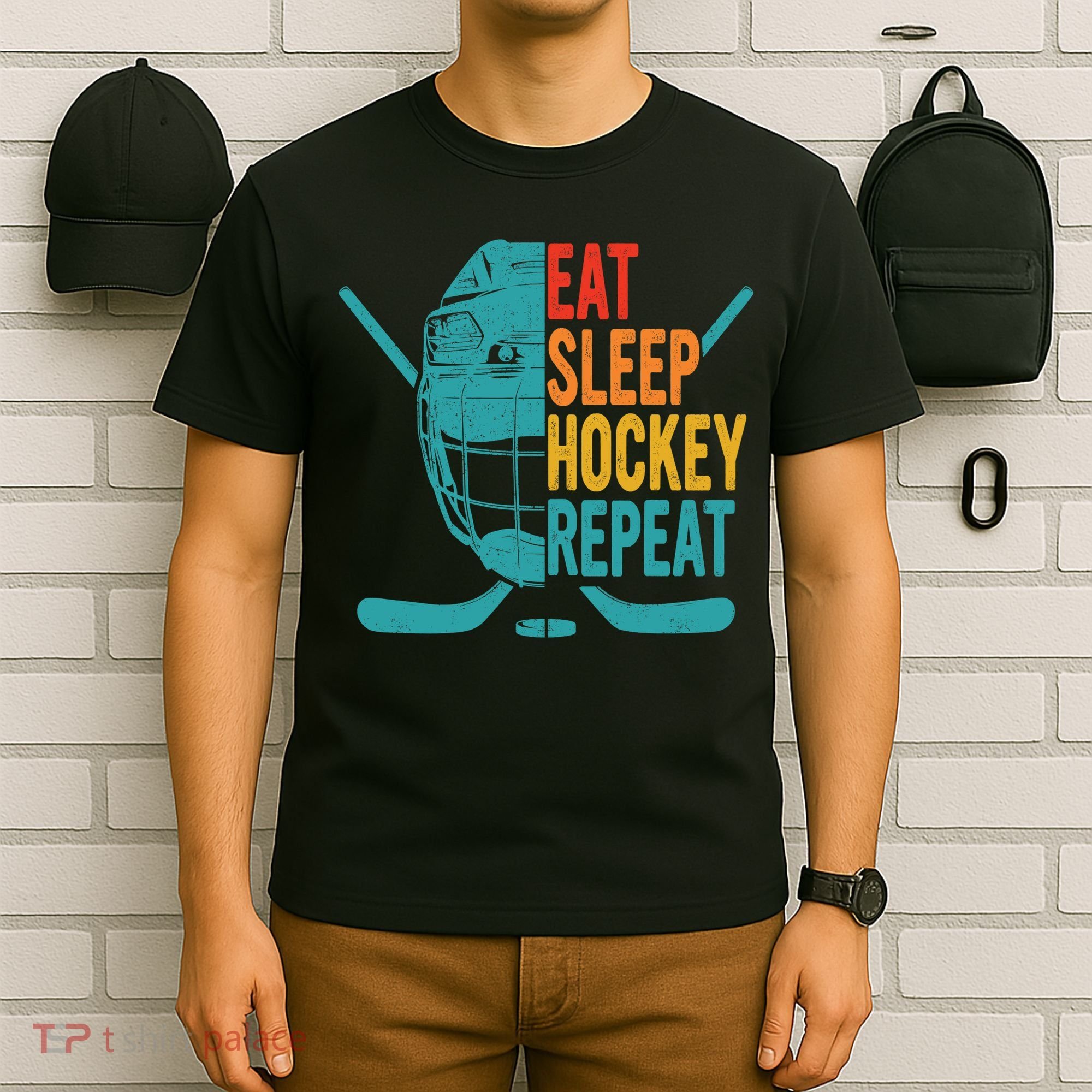 Eat Sleep Hockey Repeat Hockey Funny Ice Hockey T-Shirt