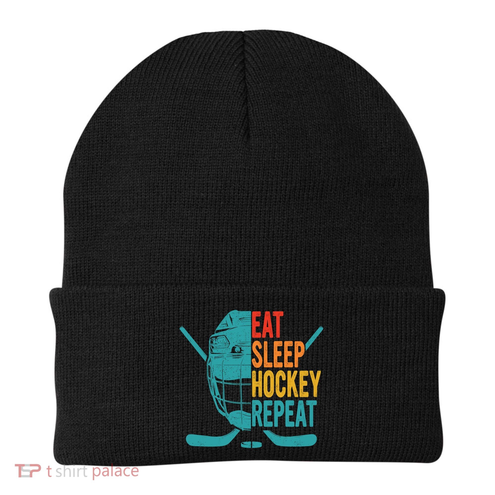 Eat Sleep Hockey Repeat Hockey Funny Ice Hockey Beanie