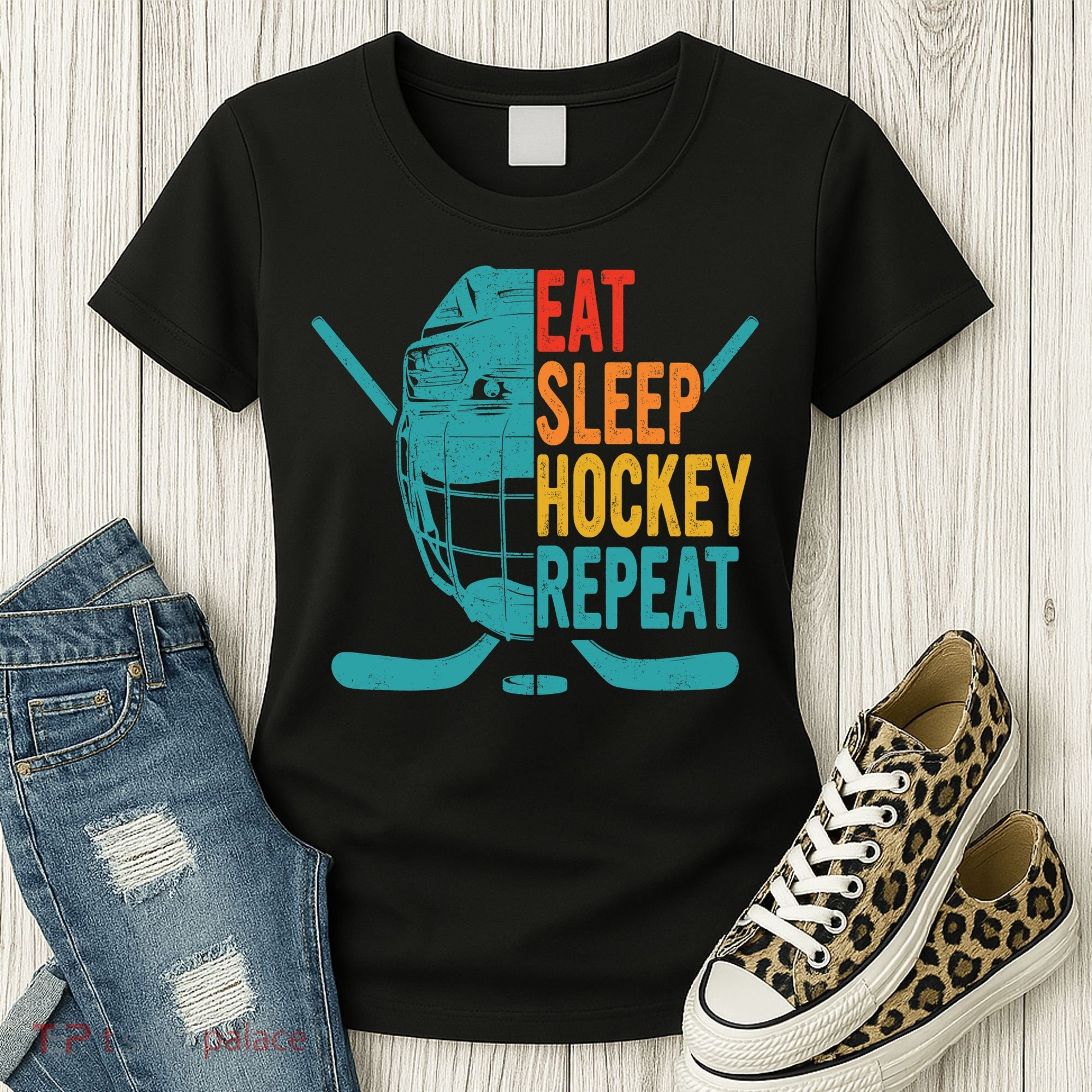 Eat Sleep Hockey Repeat Hockey Funny Ice Hockey Women's T-Shirt