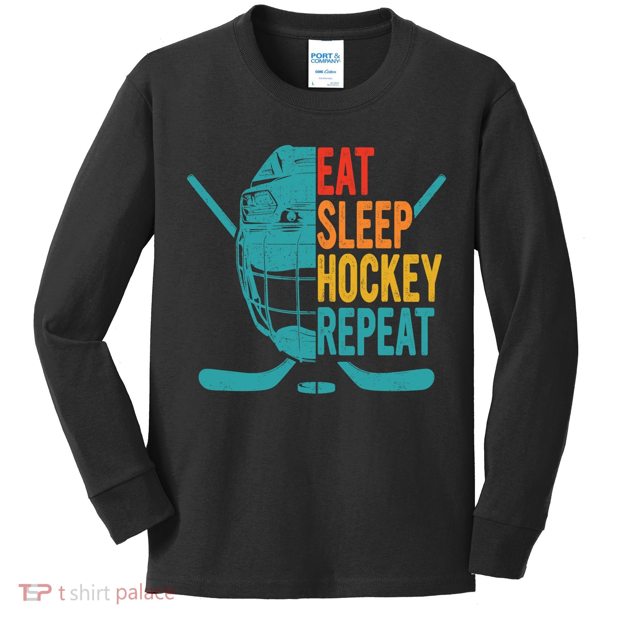 Eat Sleep Hockey Repeat Hockey Funny Ice Hockey Kids Long Sleeve Shirt