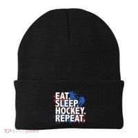 Eat Sleep Hockey Repeat Funny Hockey Player Saying Slogan Gift Beanie thumb 0