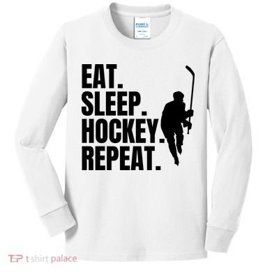 Eat Sleep Hockey Repeat Funny Kids Long Sleeve Shirt