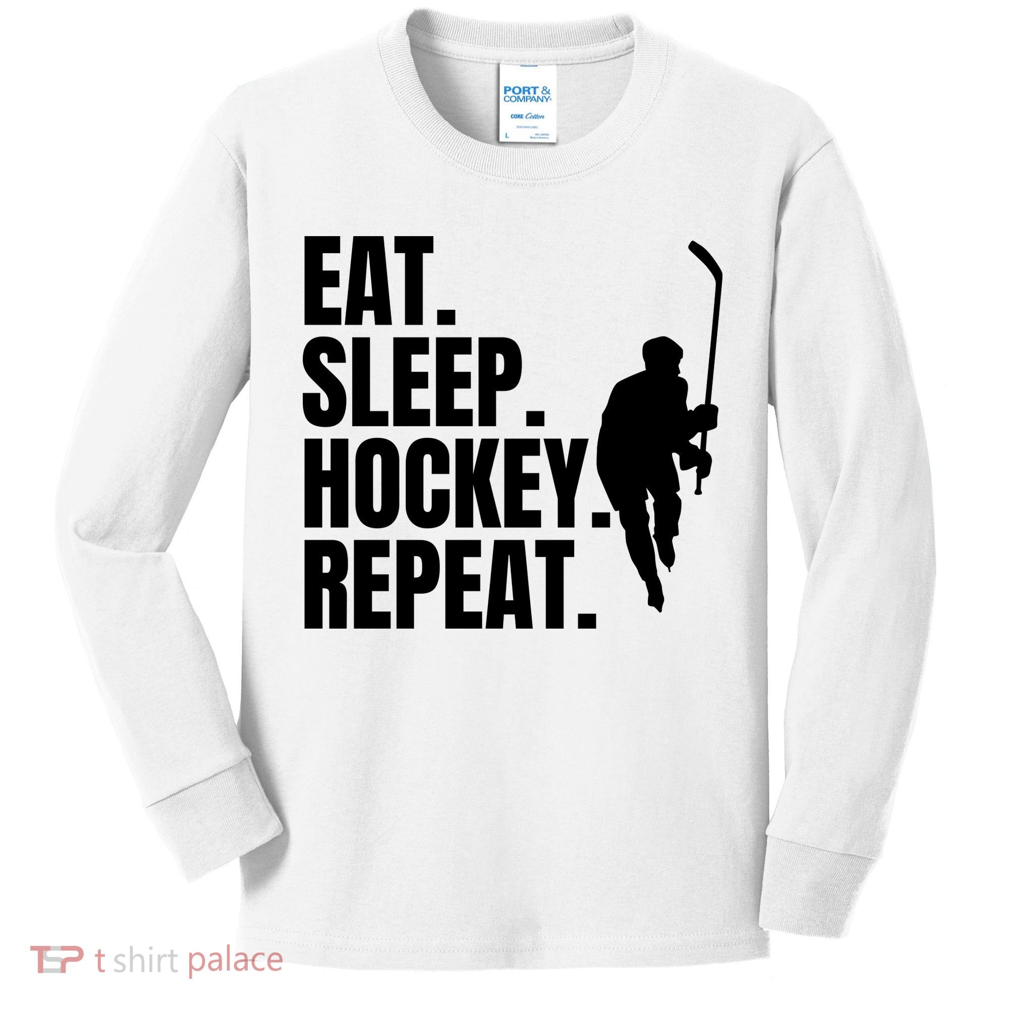 Eat Sleep Hockey Repeat Funny Kids Long Sleeve Shirt