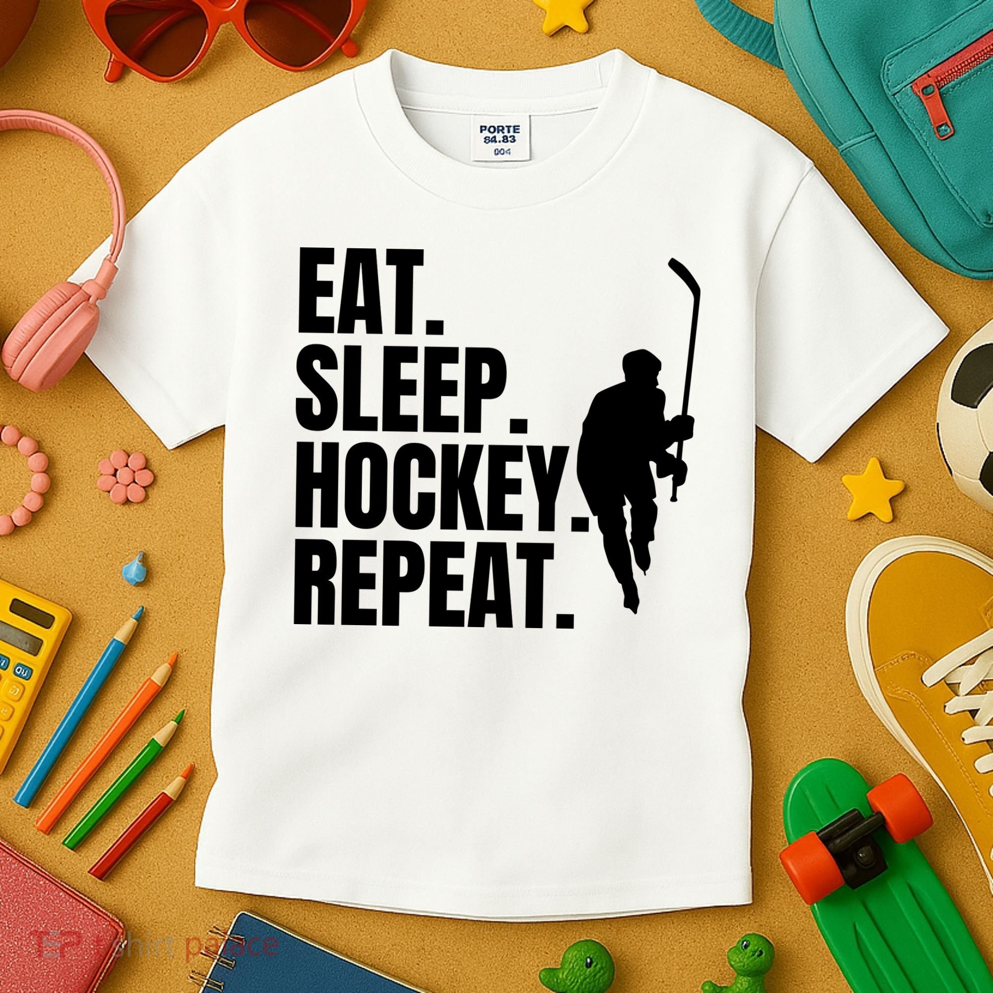 Eat Sleep Hockey Repeat Funny Kids T-Shirt