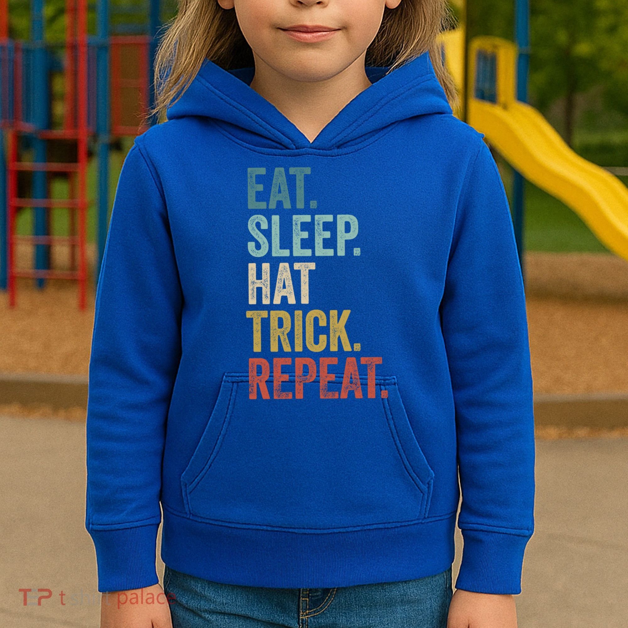 Eat Sleep Hat Trick Repeat Soccer Ice Hockey Gift Kids Hoodie
