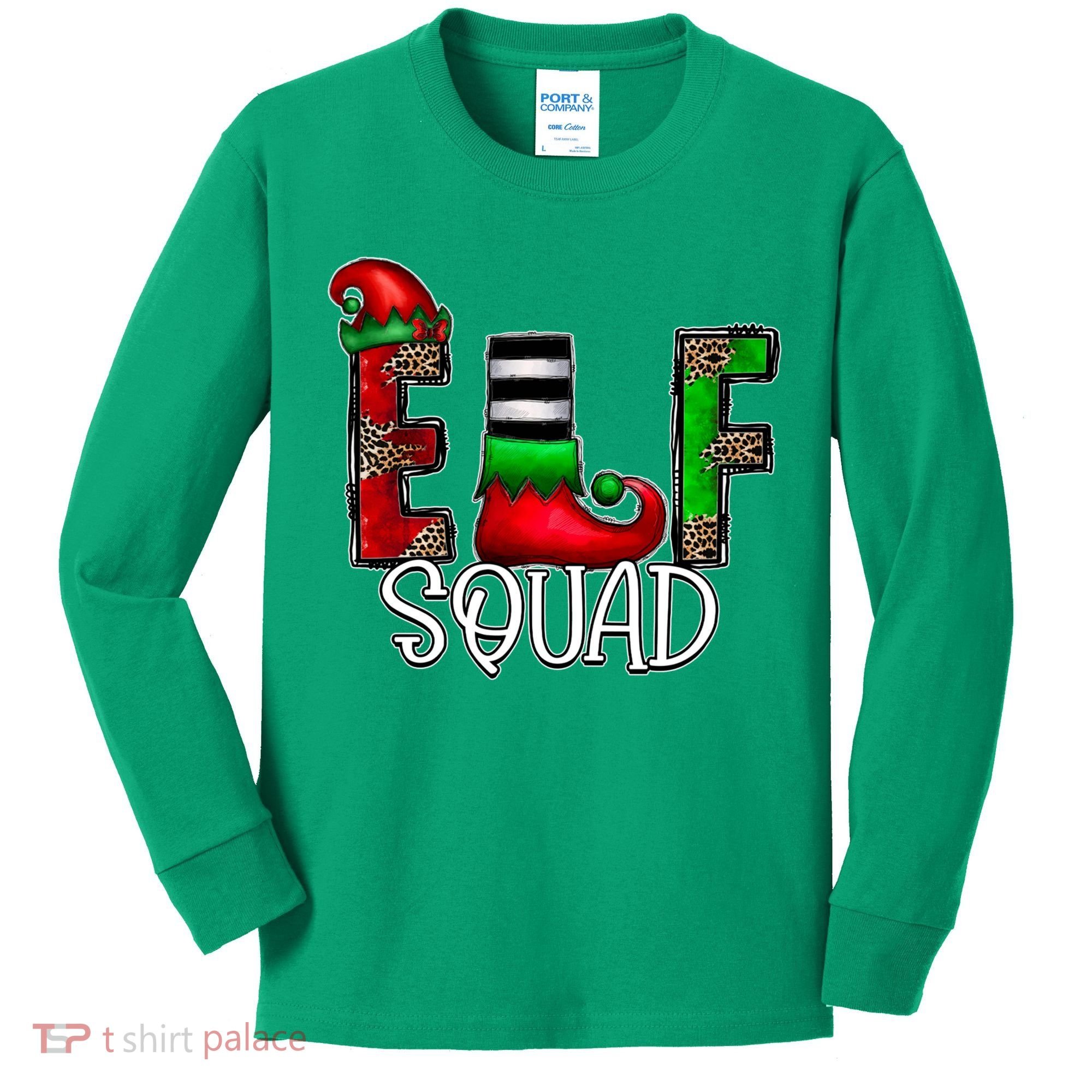 Elf Squad Leopard Christmas Family Holiday Group Xmas Pajama Kids Long Sleeve Shirt