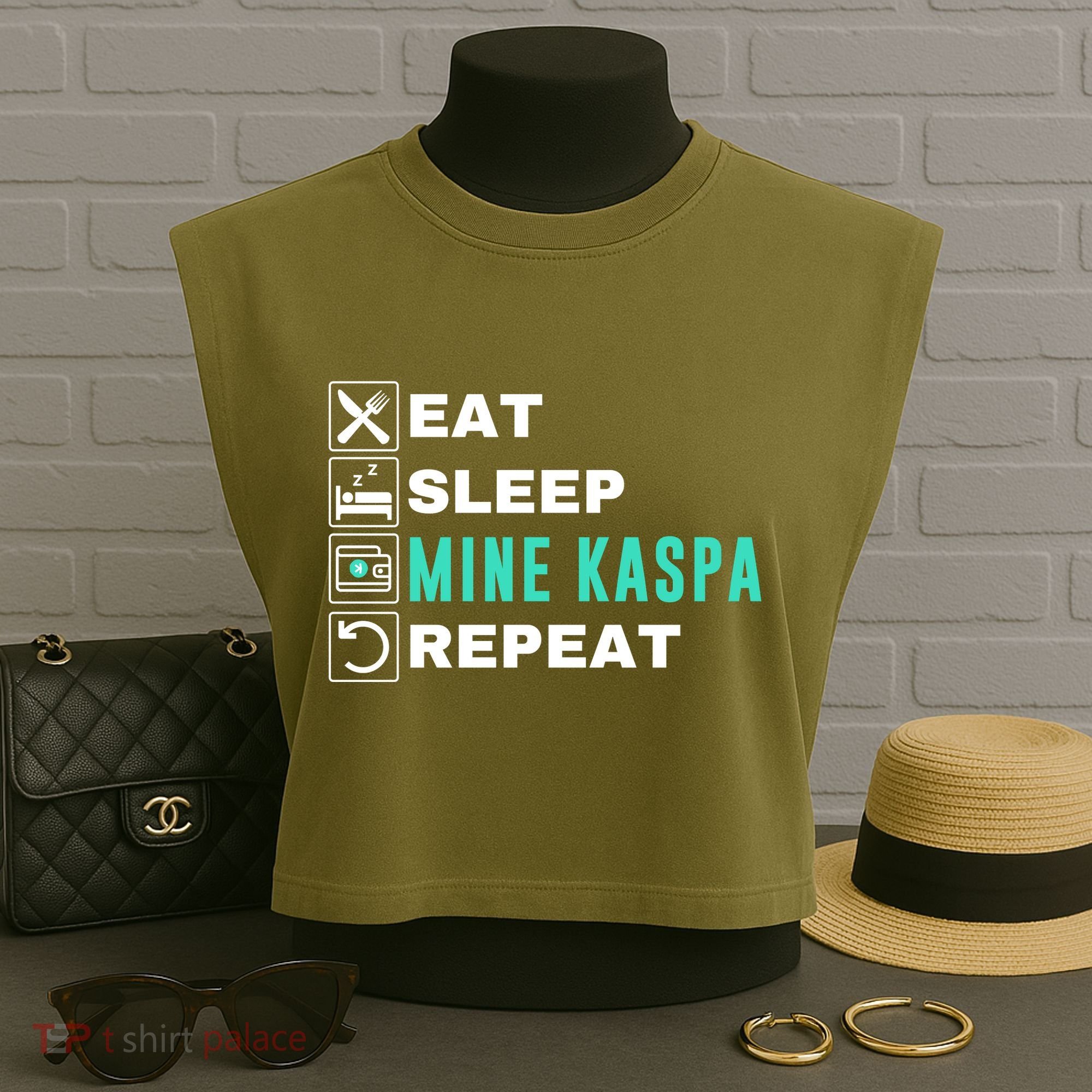 Eat Sleep Mine Kaspa Crypto Kaspa Mining Kaspa Crypto Miner Kaspa To The Moon Garment-Dyed Women's Muscle Tee