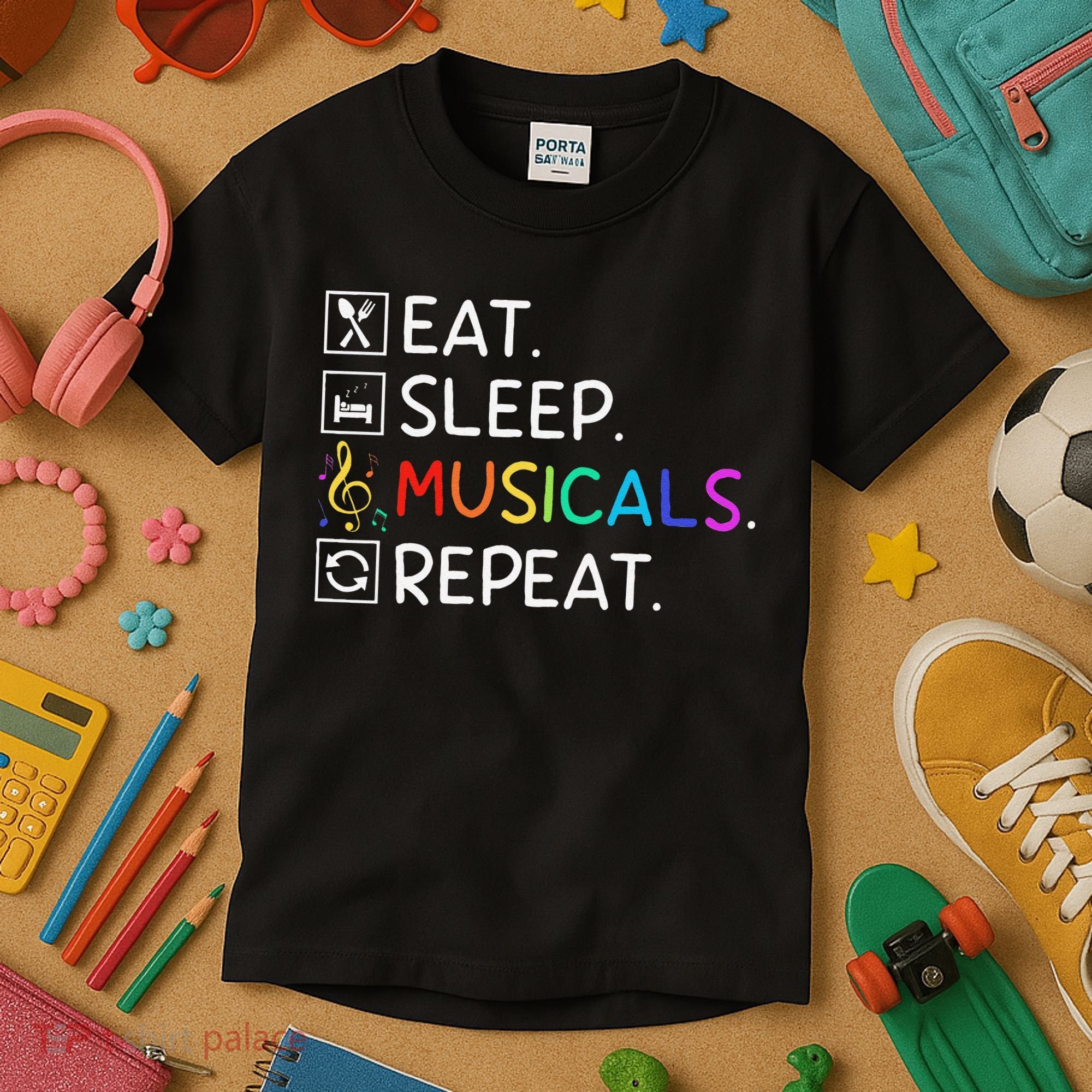 Eat Sleep Musicals Repeat Broadway Theater Novelty Kids T-Shirt