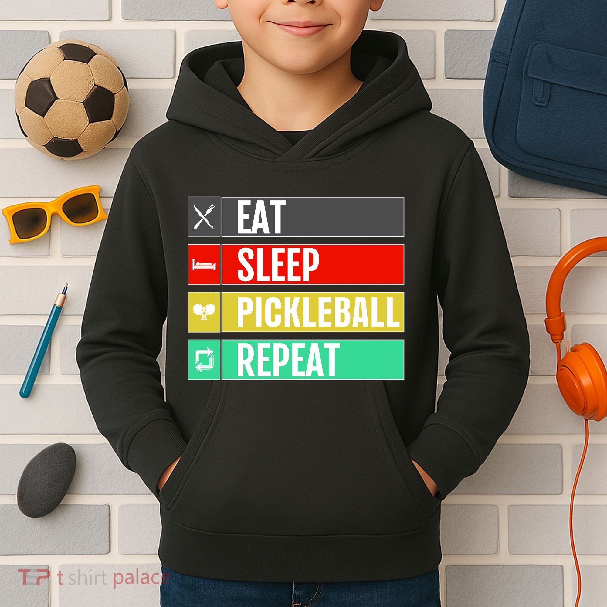 Eat Sleep Pickleball Repeat Funny Pickle Ball Kids Hoodie