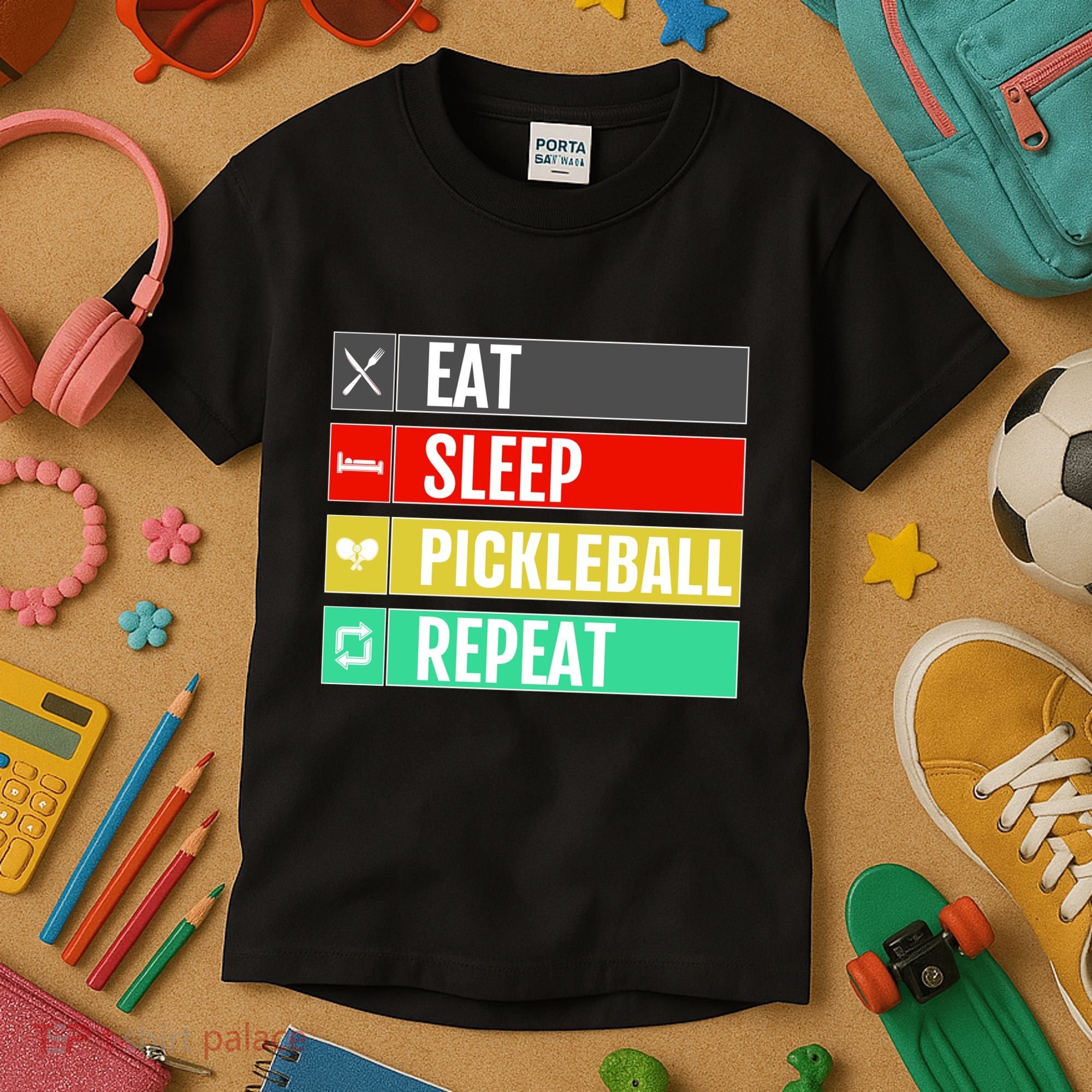 Eat Sleep Pickleball Repeat Funny Pickle Ball Kids T-Shirt