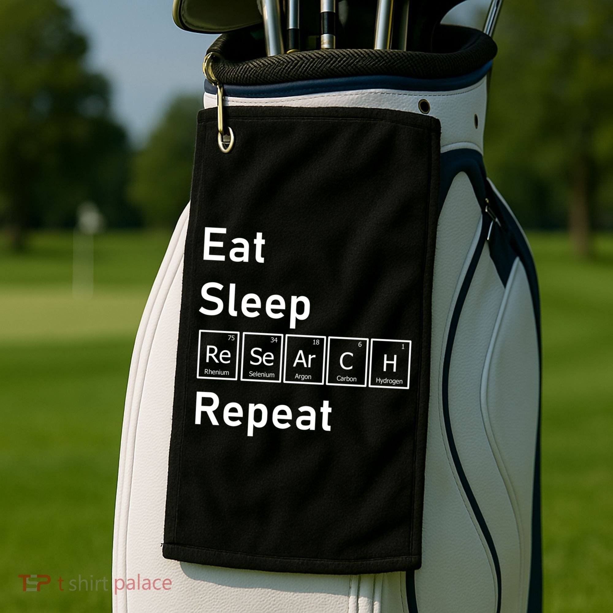Eat Sleep Research Repeat Funny Science Chemistry Nerd Gift Golf Towel