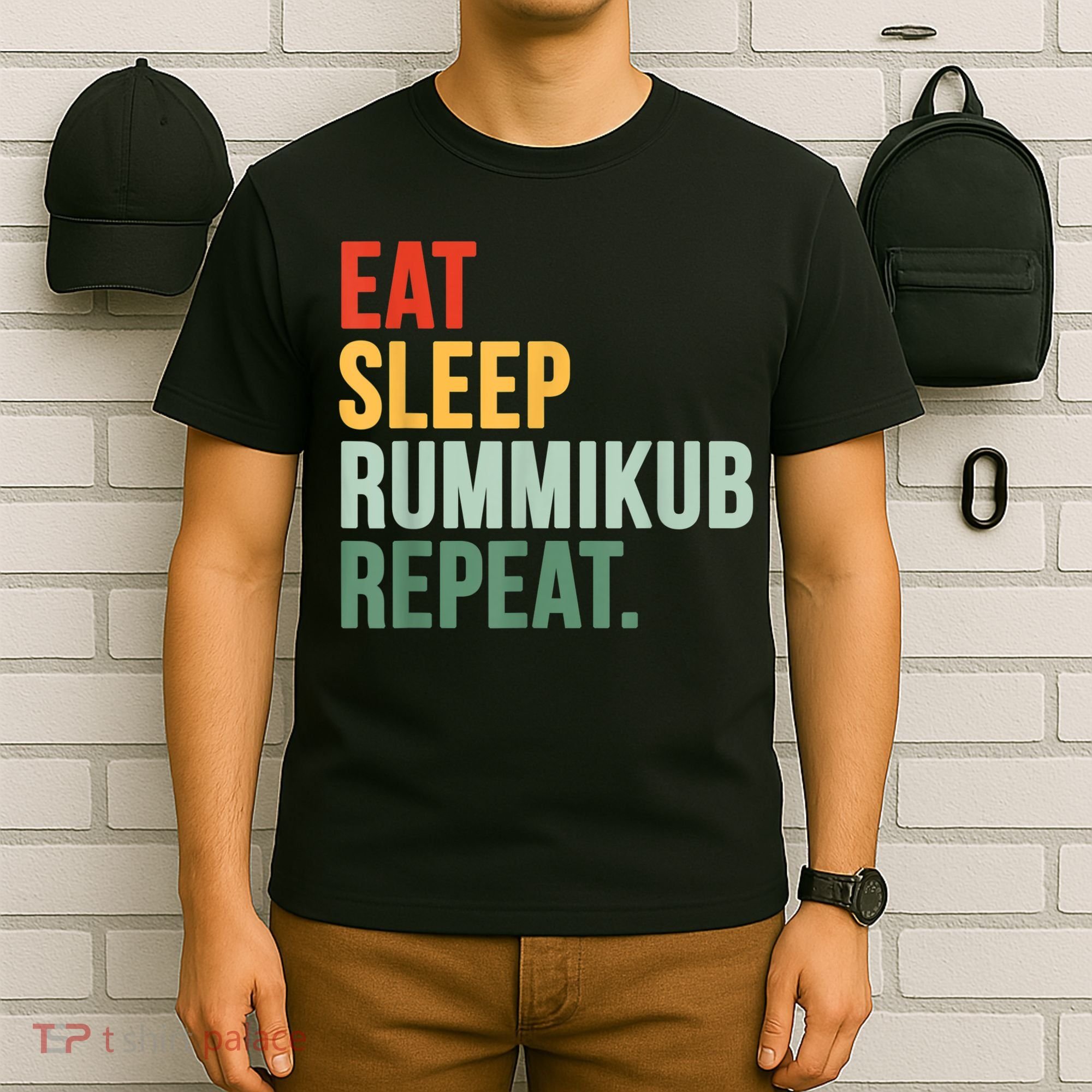 Eat Sleep Rummikub Repeat Multicolored Font T-Shirt
