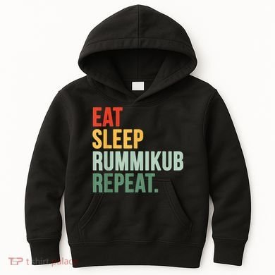 Eat Sleep Rummikub Repeat Multicolored Font Kids Hoodie