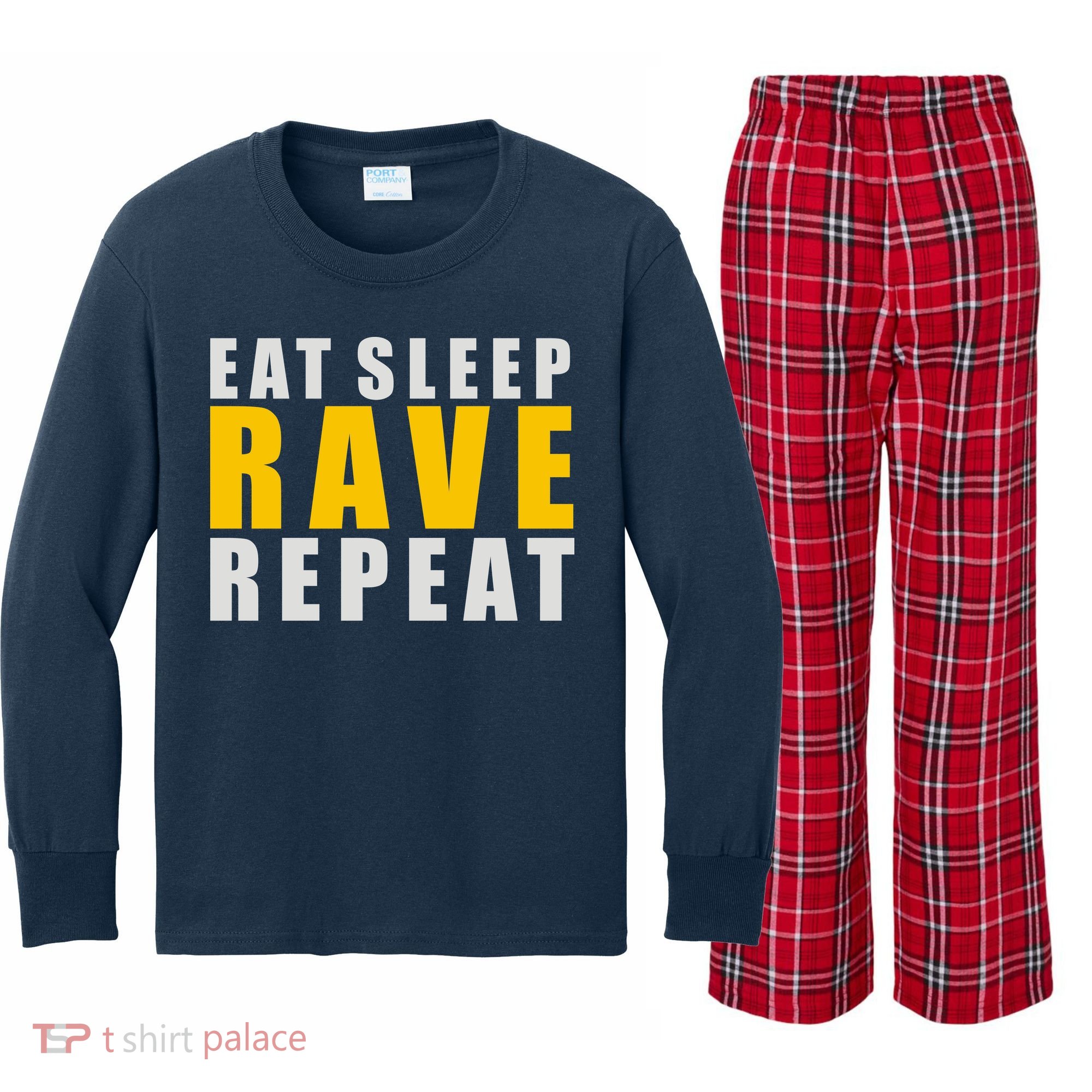 EAT SLEEP RAVE REPEAT Kids Long Sleeve Plaid Pajama Set