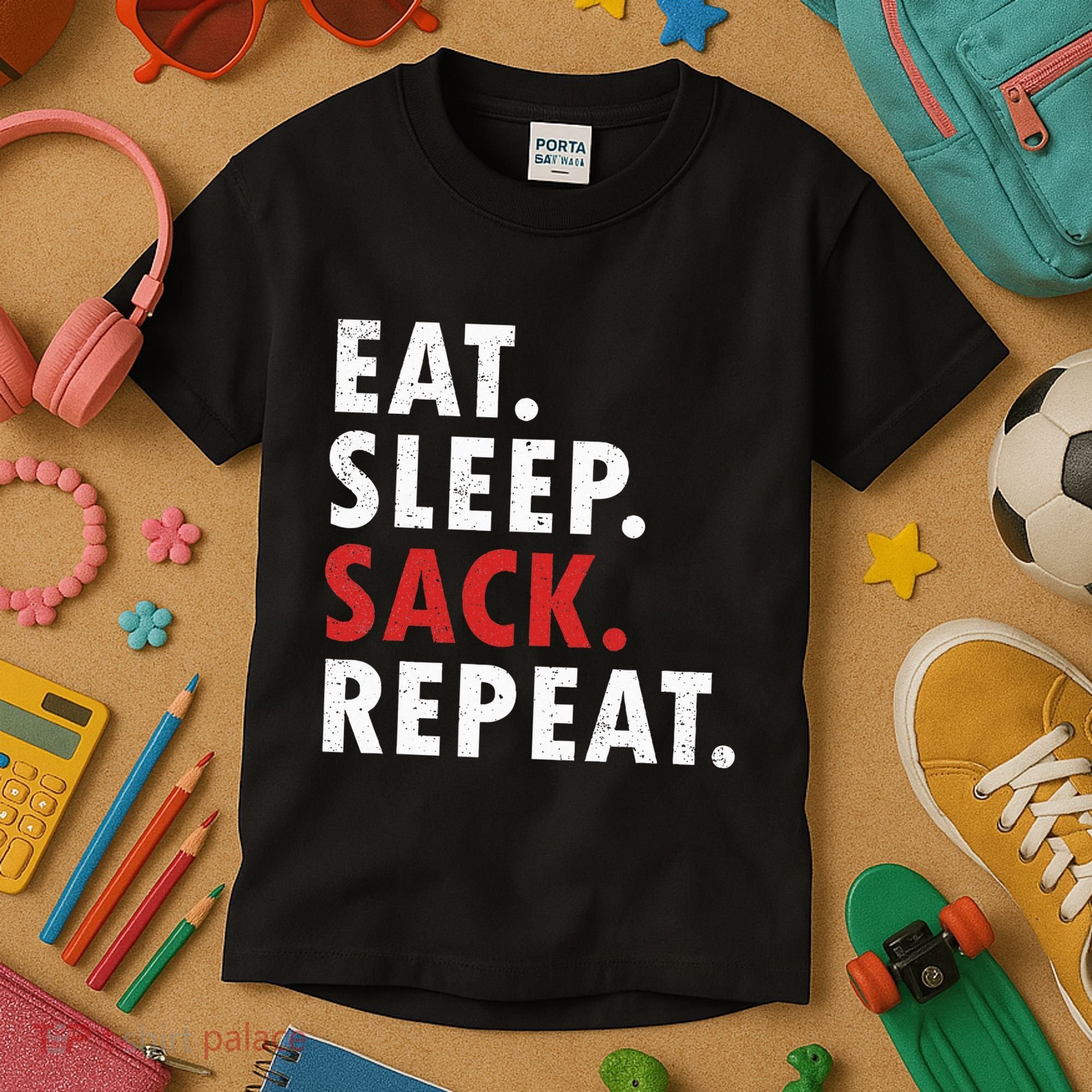 Eat Sleep Sack Repeat Football Player Defense Kids T-Shirt