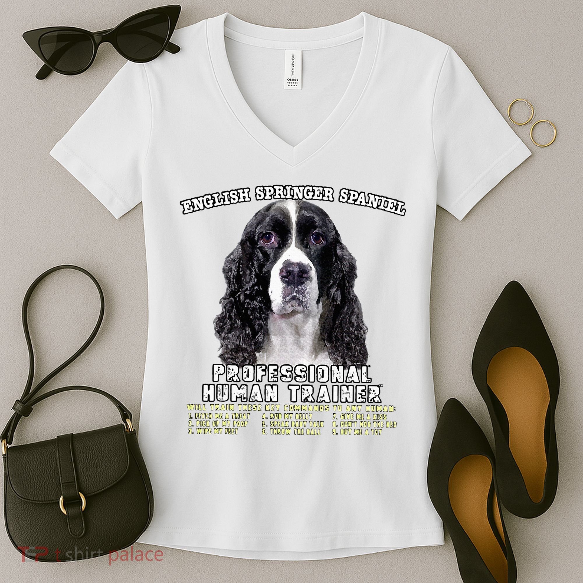 English Springer Spaniel Black Professional Human Trainer Women's V-Neck T-Shirt