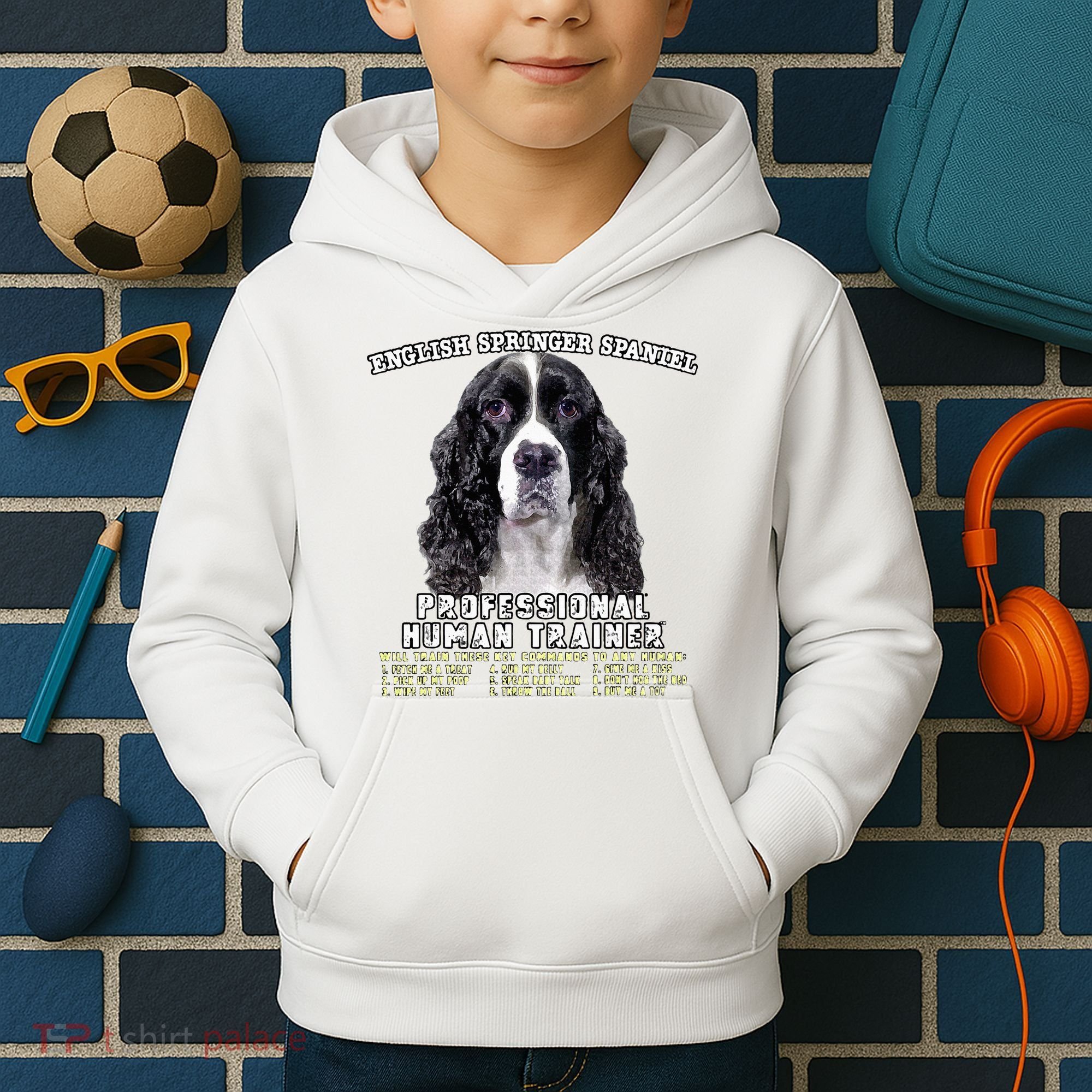 English Springer Spaniel Black Professional Human Trainer Kids Hoodie